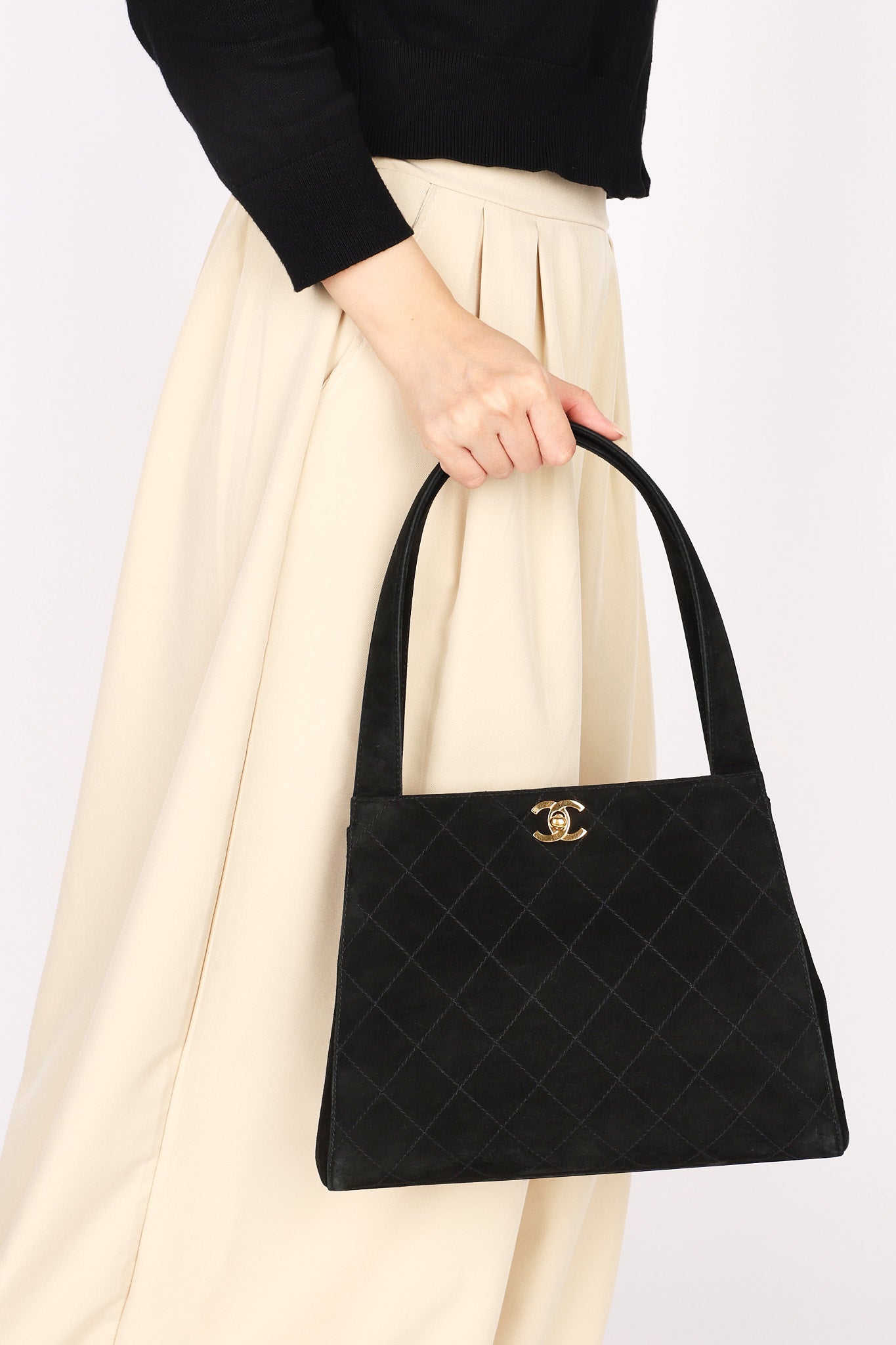 Chanel Kelly Shoulder Bag Black Suede 1998 24K GP