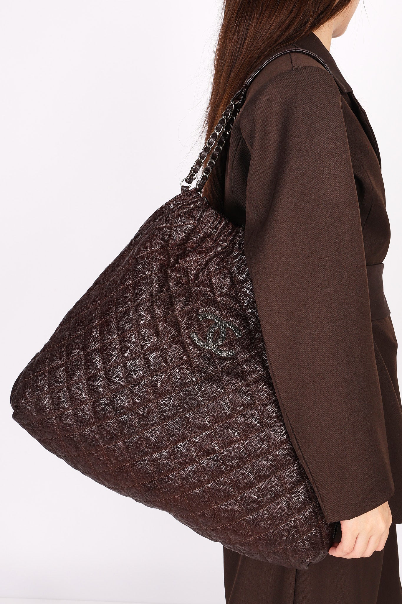 Chanel Large Elastic Shoulder Bag Dark Brown Glazed Caviar 2009 GMHW
