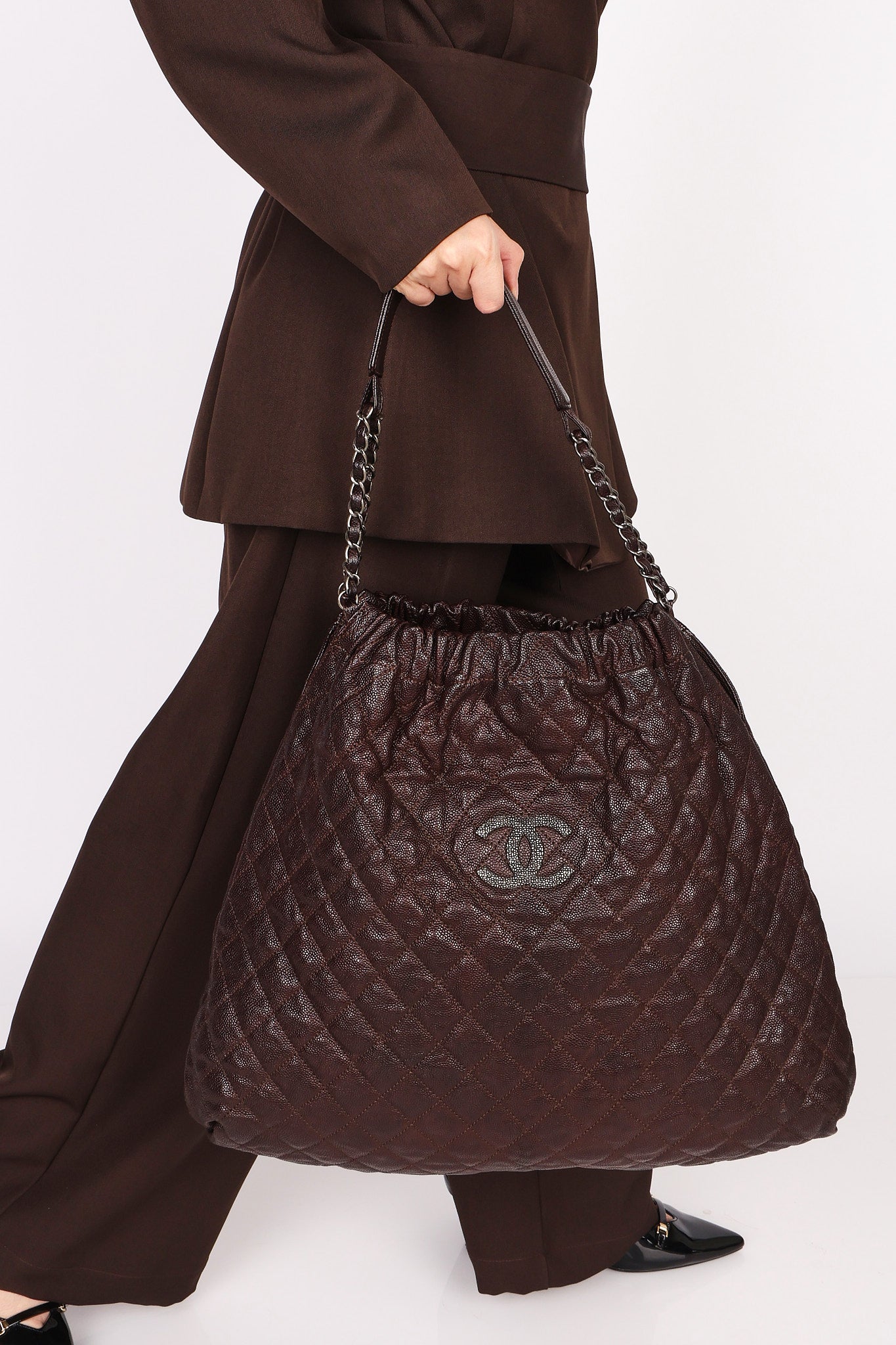 Chanel Large Elastic Shoulder Bag Dark Brown Glazed Caviar 2009 GMHW