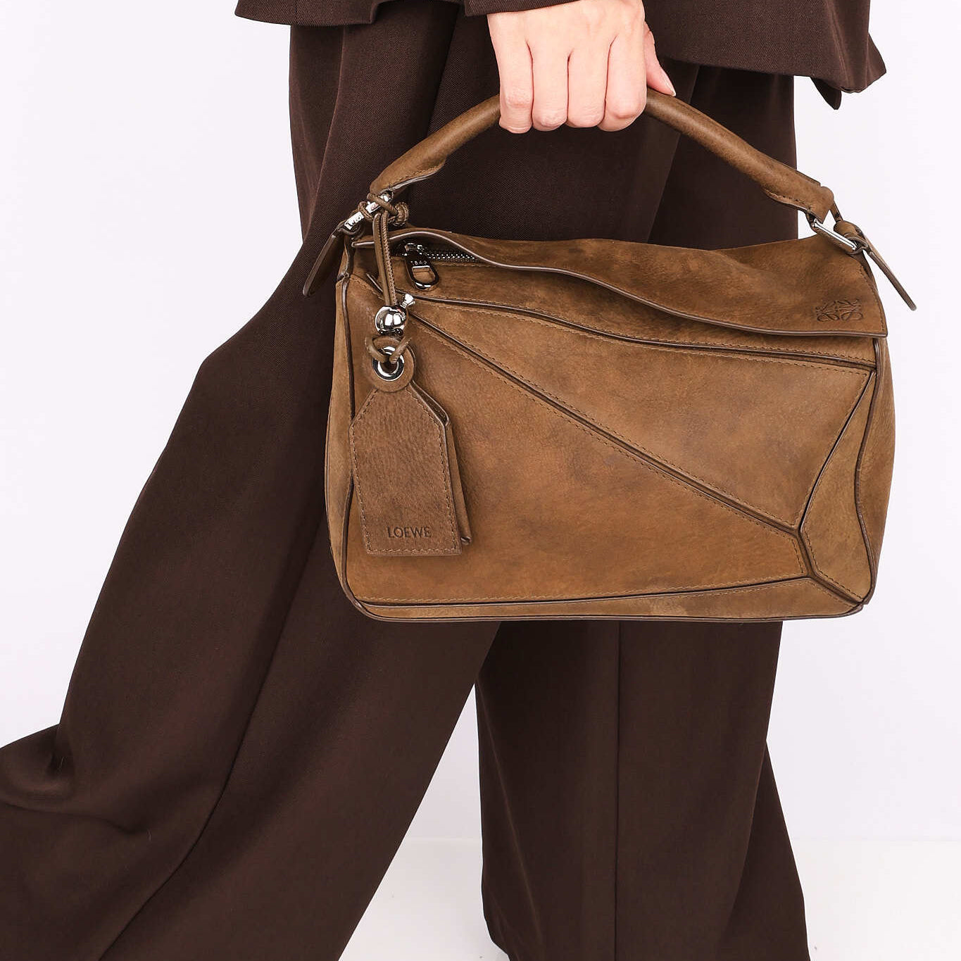 Limited Edition Loewe Small Featherlight Puzzle Bag Brown Nubuck 2025