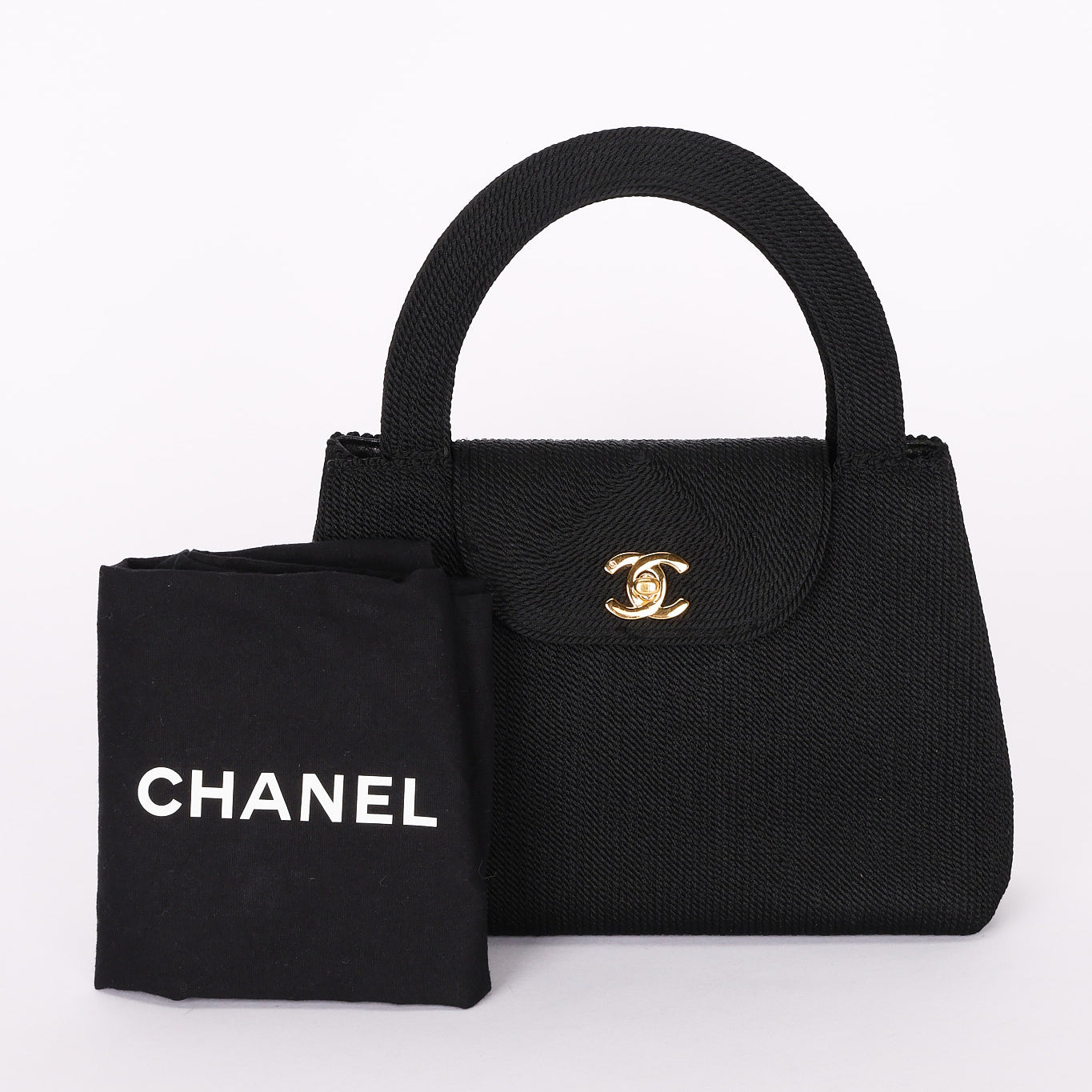 Ultra-Rare Chanel Turnlock Kelly Black Silk Rope 1998 24K GP