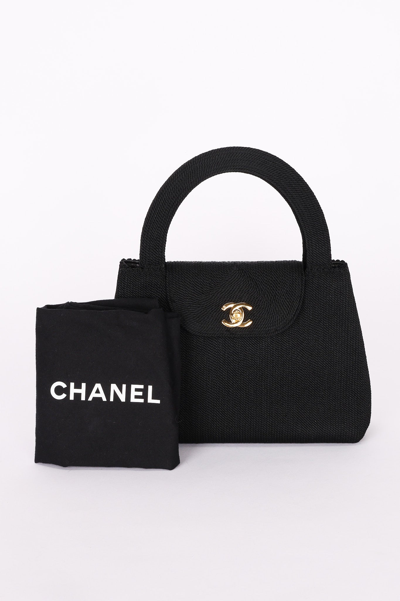 Ultra-Rare Chanel Turnlock Kelly Black Silk Rope 1998 24K GP