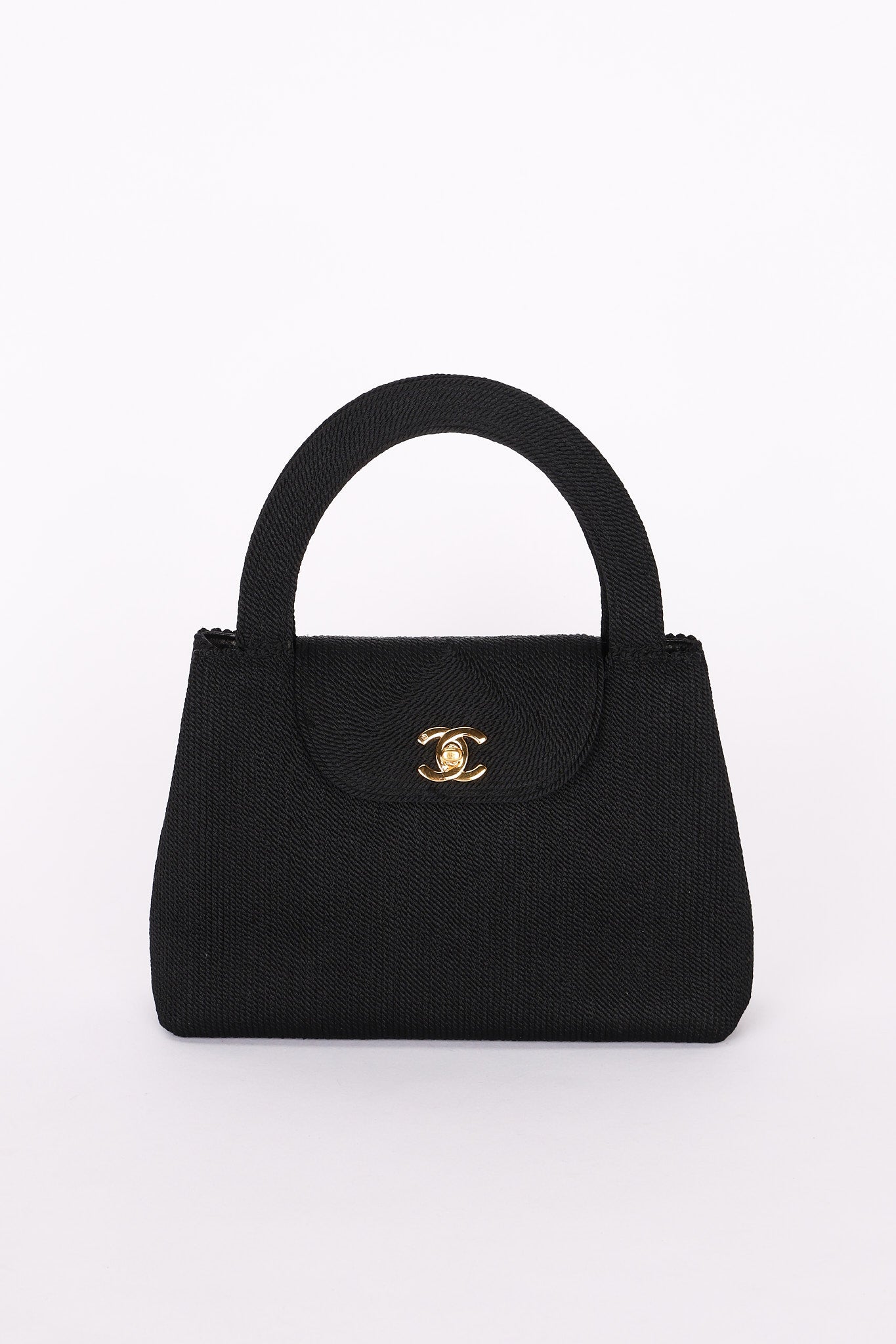 Ultra-Rare Chanel Turnlock Kelly Black Silk Rope 1998 24K GP