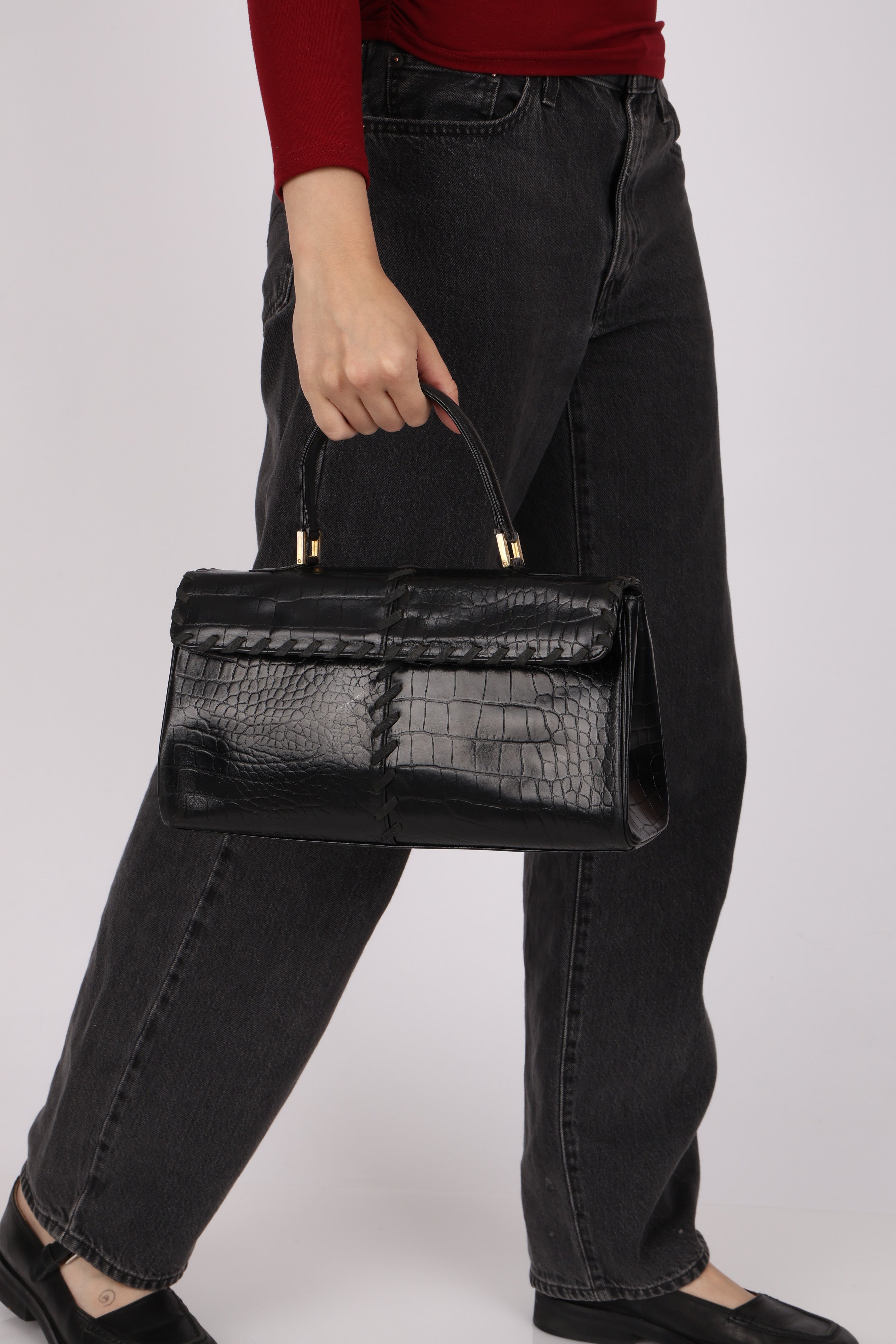 Saint Laurent Croc Embossed Whipstitch Top Handle Bag