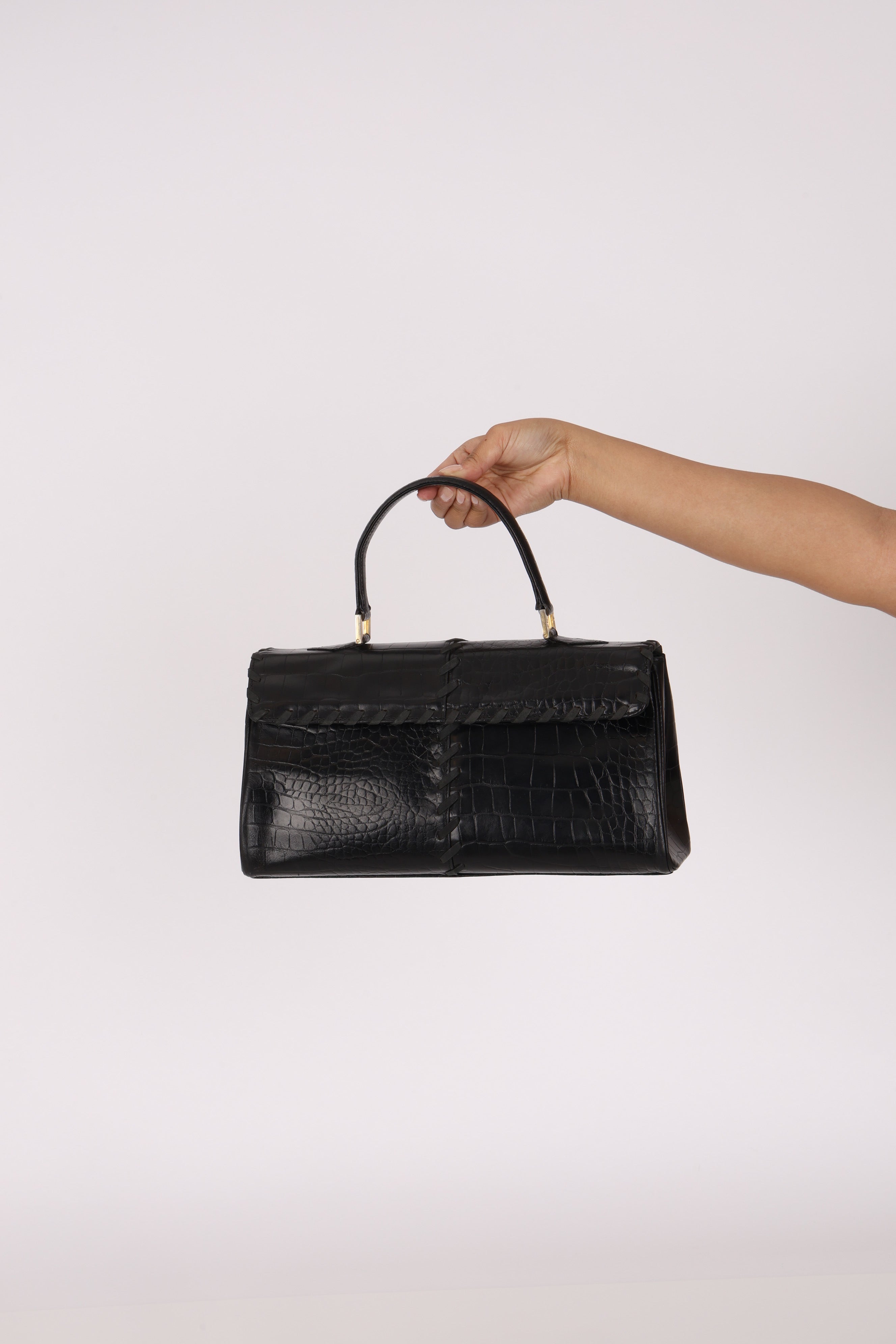 Saint Laurent Croc Embossed Whipstitch Top Handle Bag