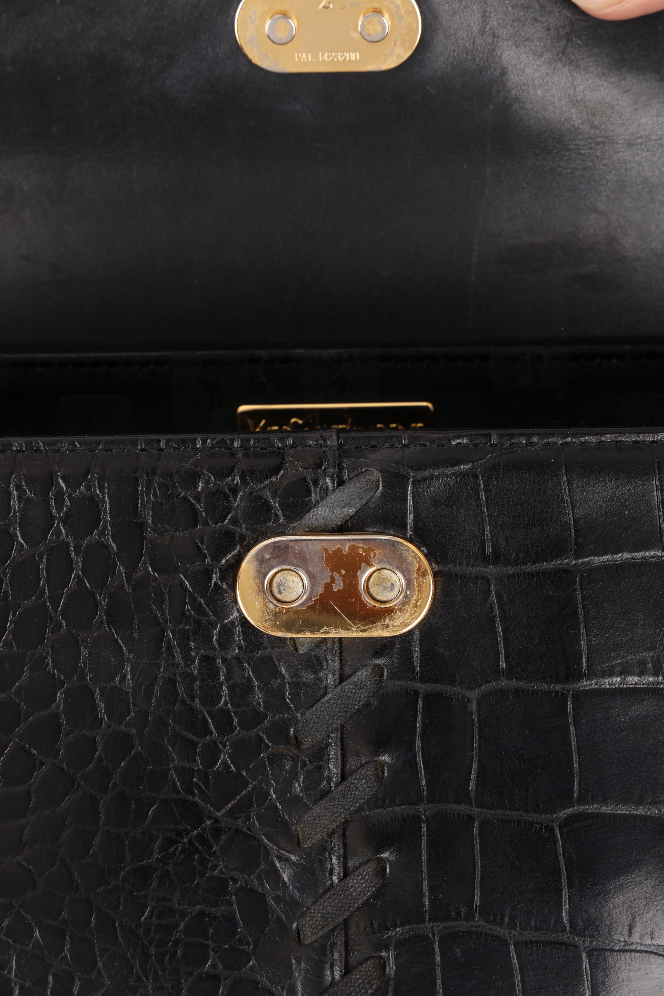 Saint Laurent Croc Embossed Whipstitch Top Handle Bag