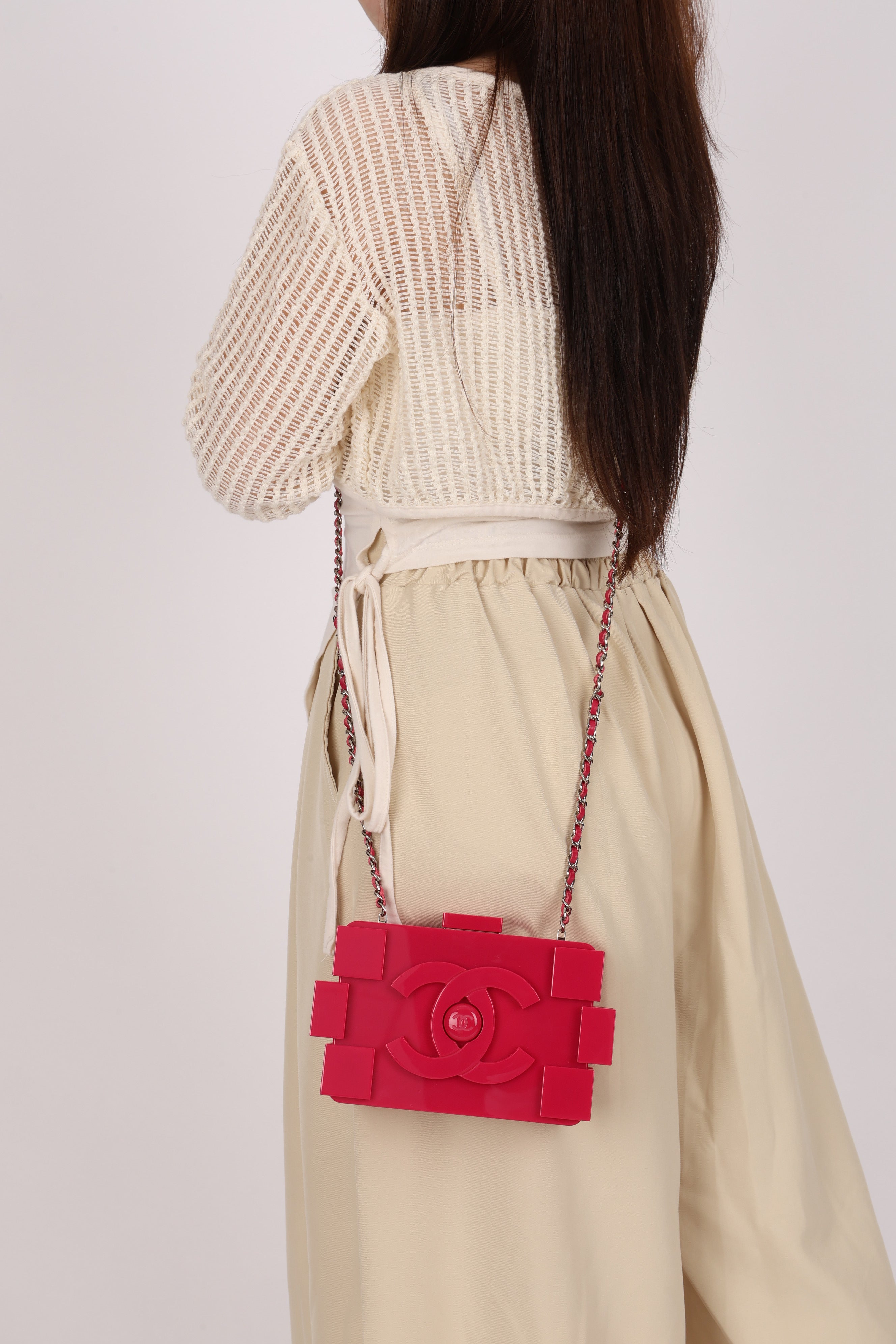 Chanel Plexiglass Boy Brick Lego Clutch with Chain Pink SHW