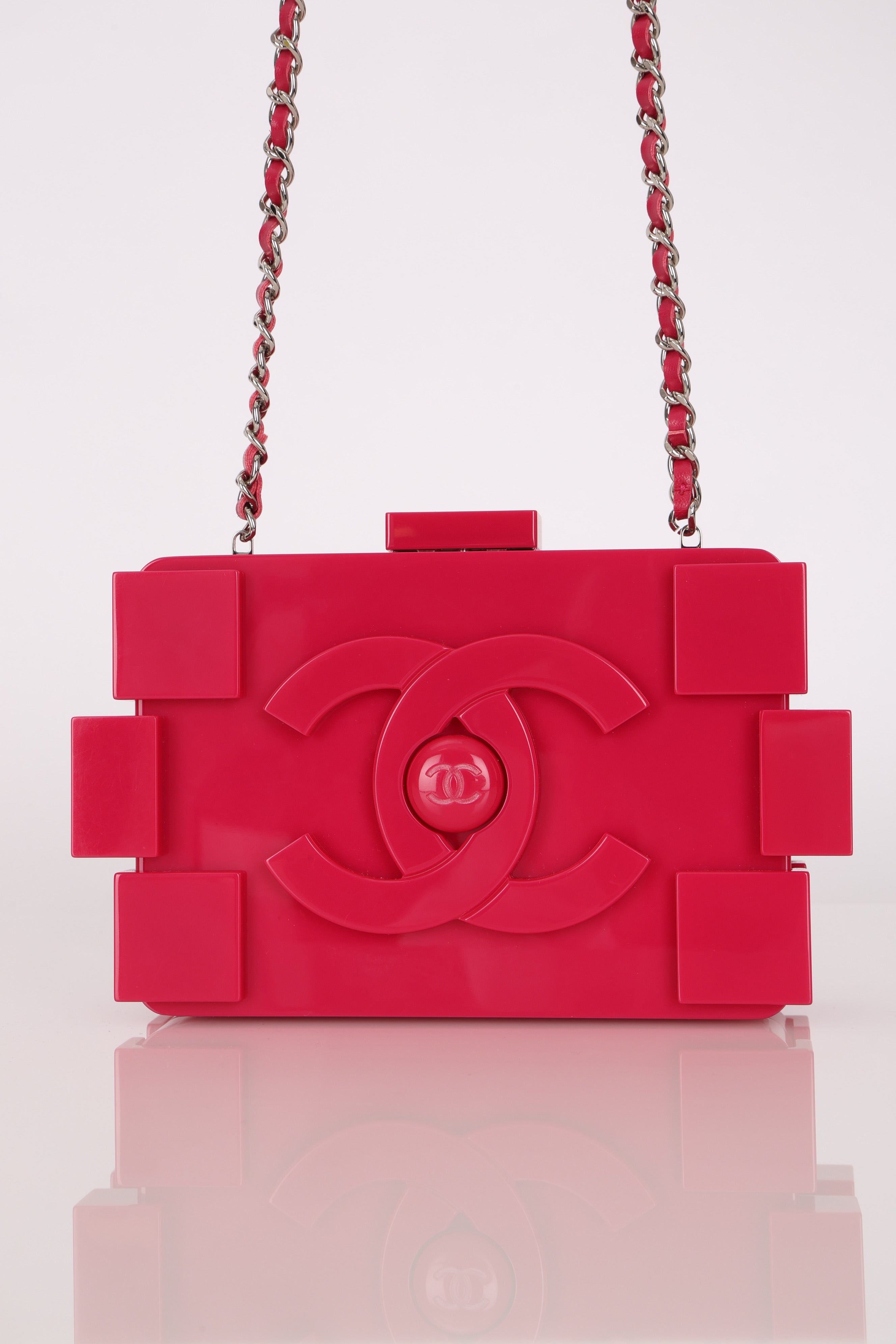 Chanel Plexiglass Boy Brick Lego Clutch with Chain Pink SHW