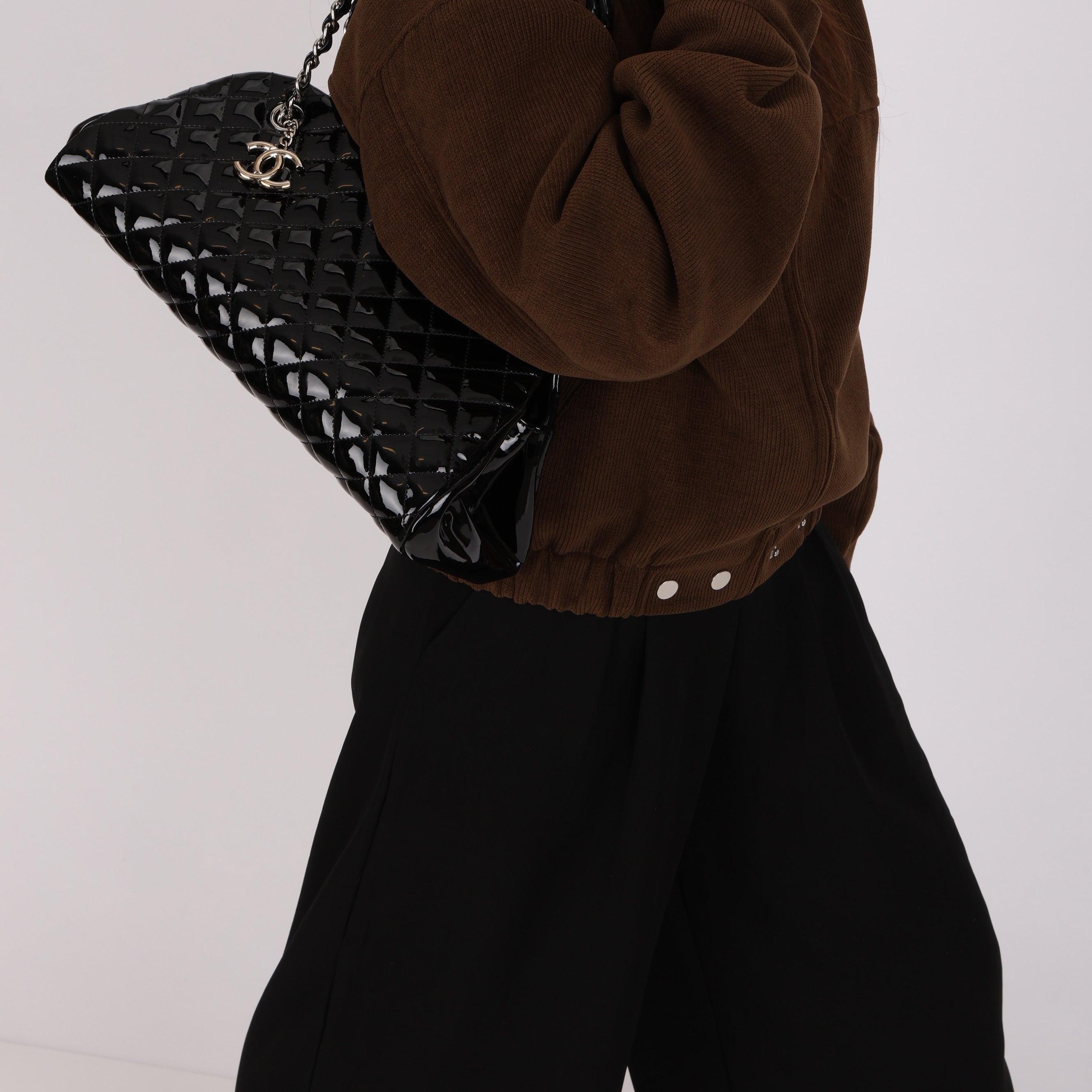 Chanel Medium Just Mademoiselle Bowling Bag Black Patent SHW