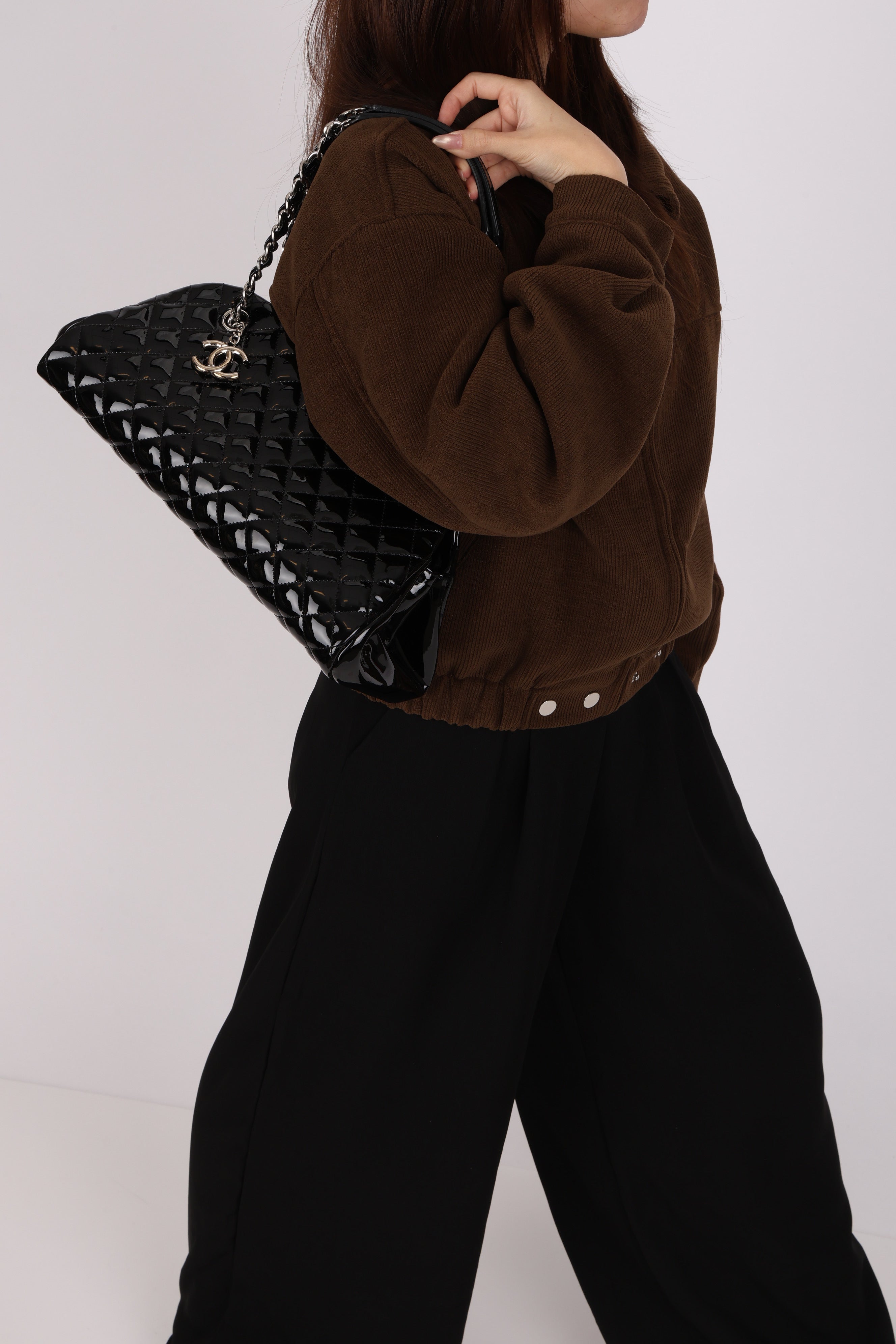Chanel Medium Just Mademoiselle Bowling Bag Black Patent SHW