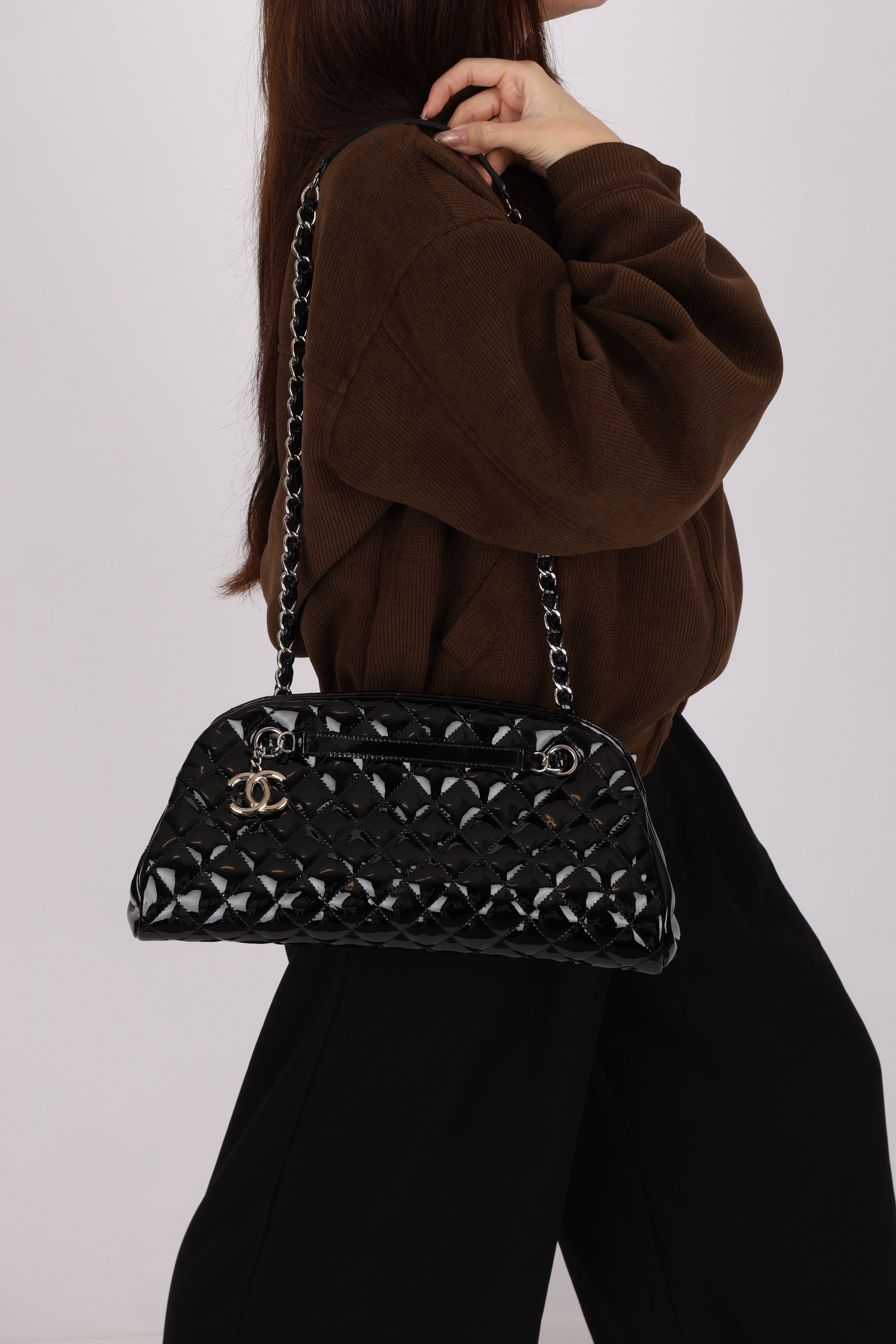 Chanel Medium Just Mademoiselle Bowling Bag Black Patent SHW