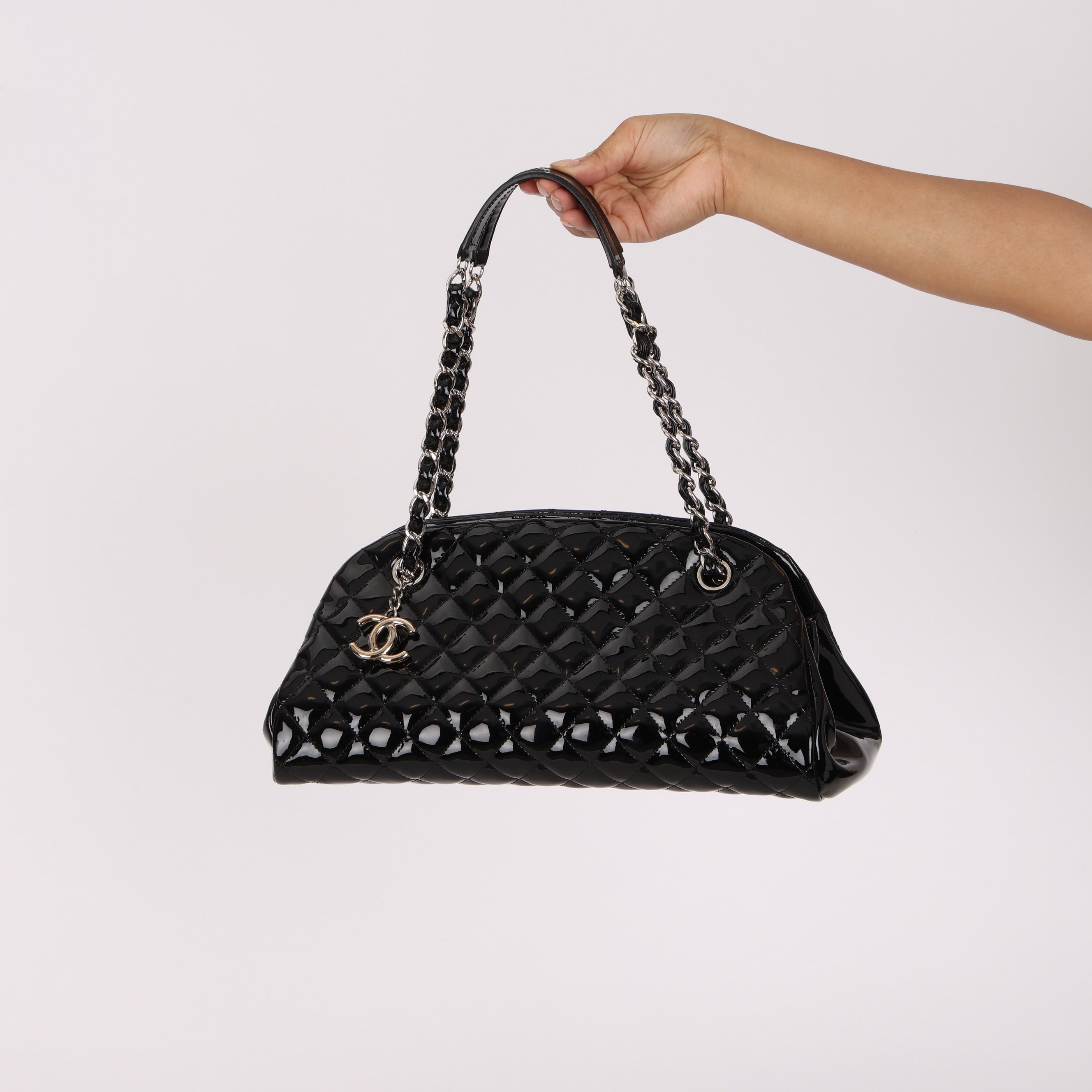 Chanel Medium Just Mademoiselle Bowling Bag Black Patent SHW