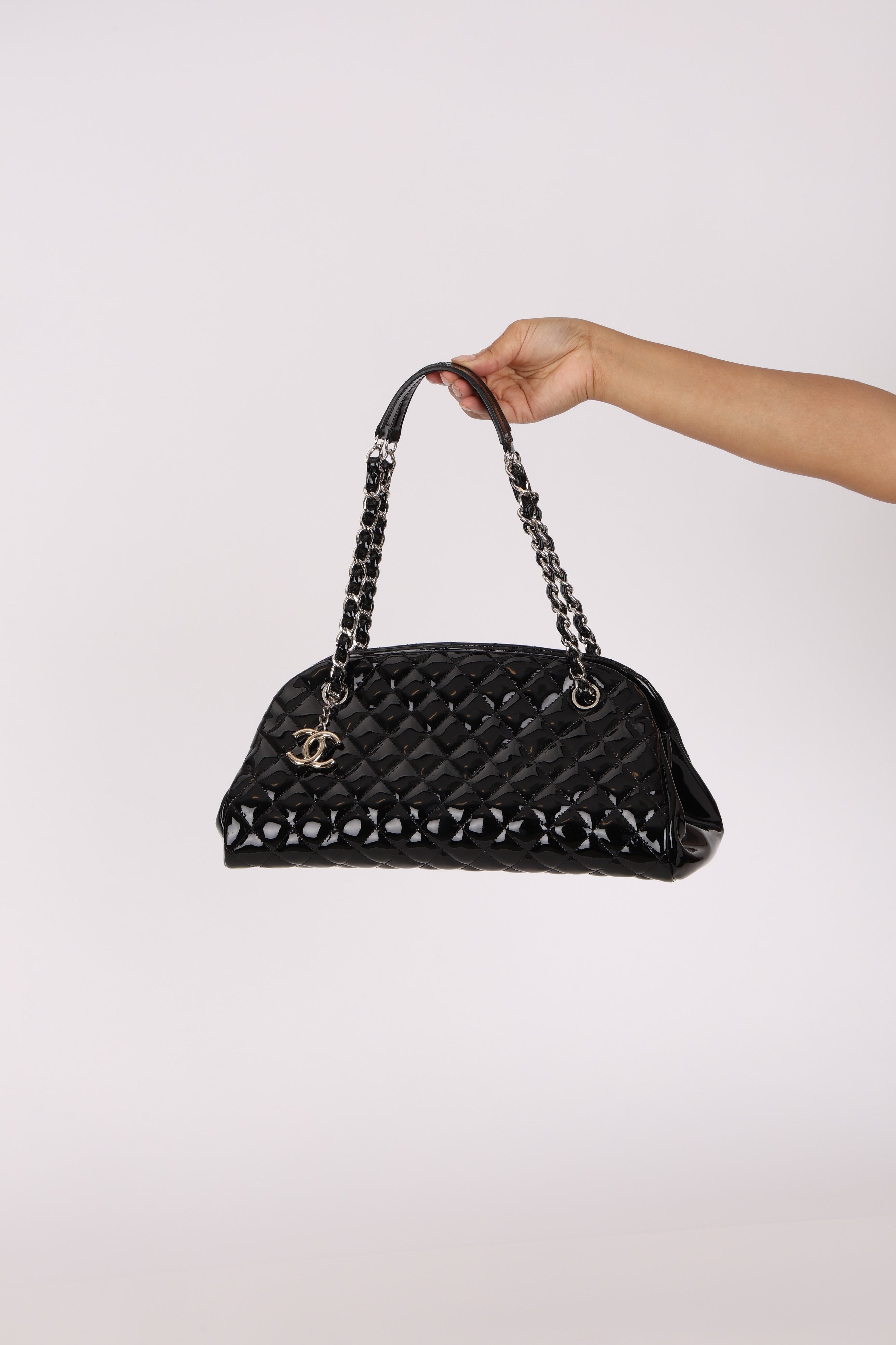 Chanel Medium Just Mademoiselle Bowling Bag Black Patent SHW
