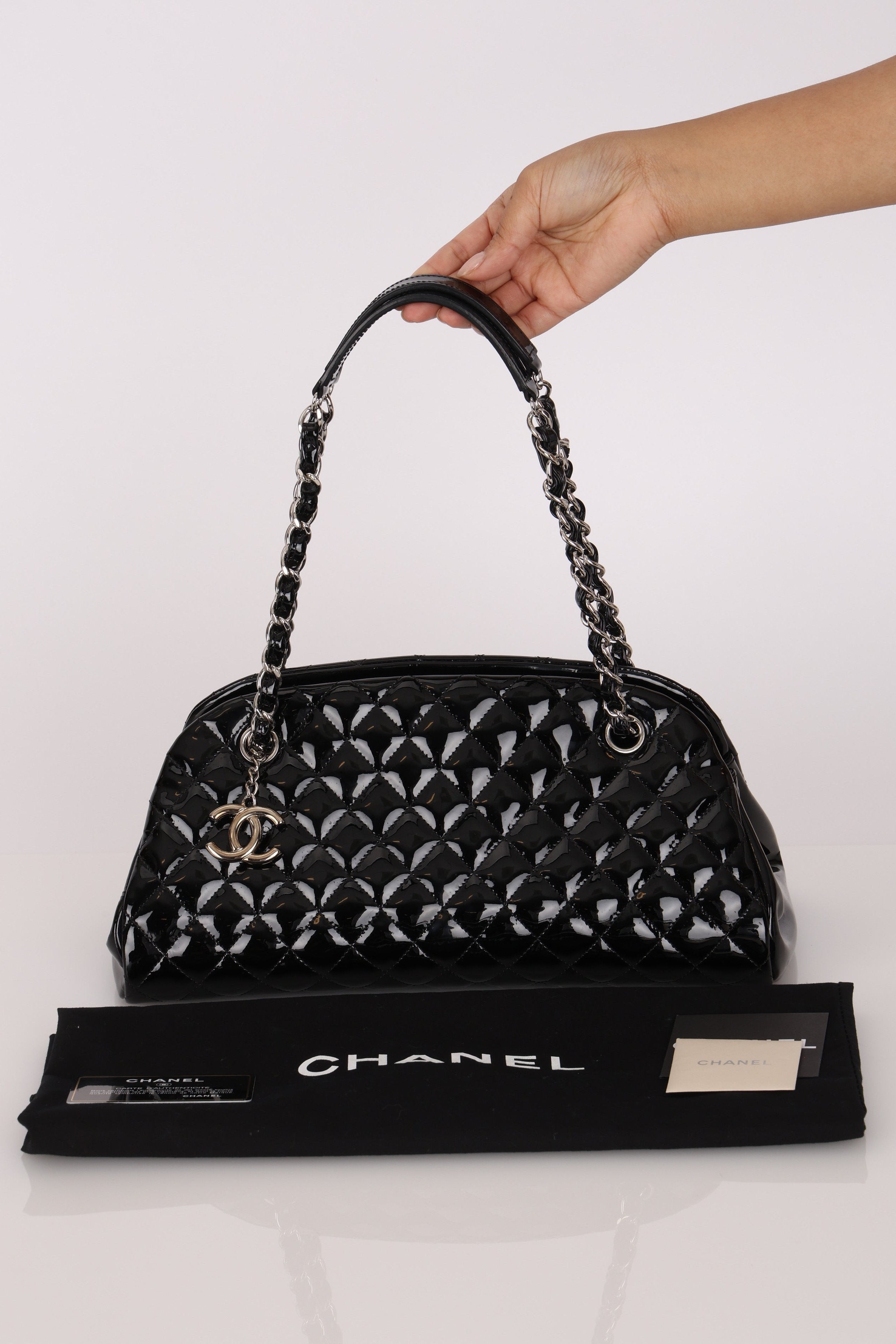 Chanel Medium Just Mademoiselle Bowling Bag Black Patent SHW
