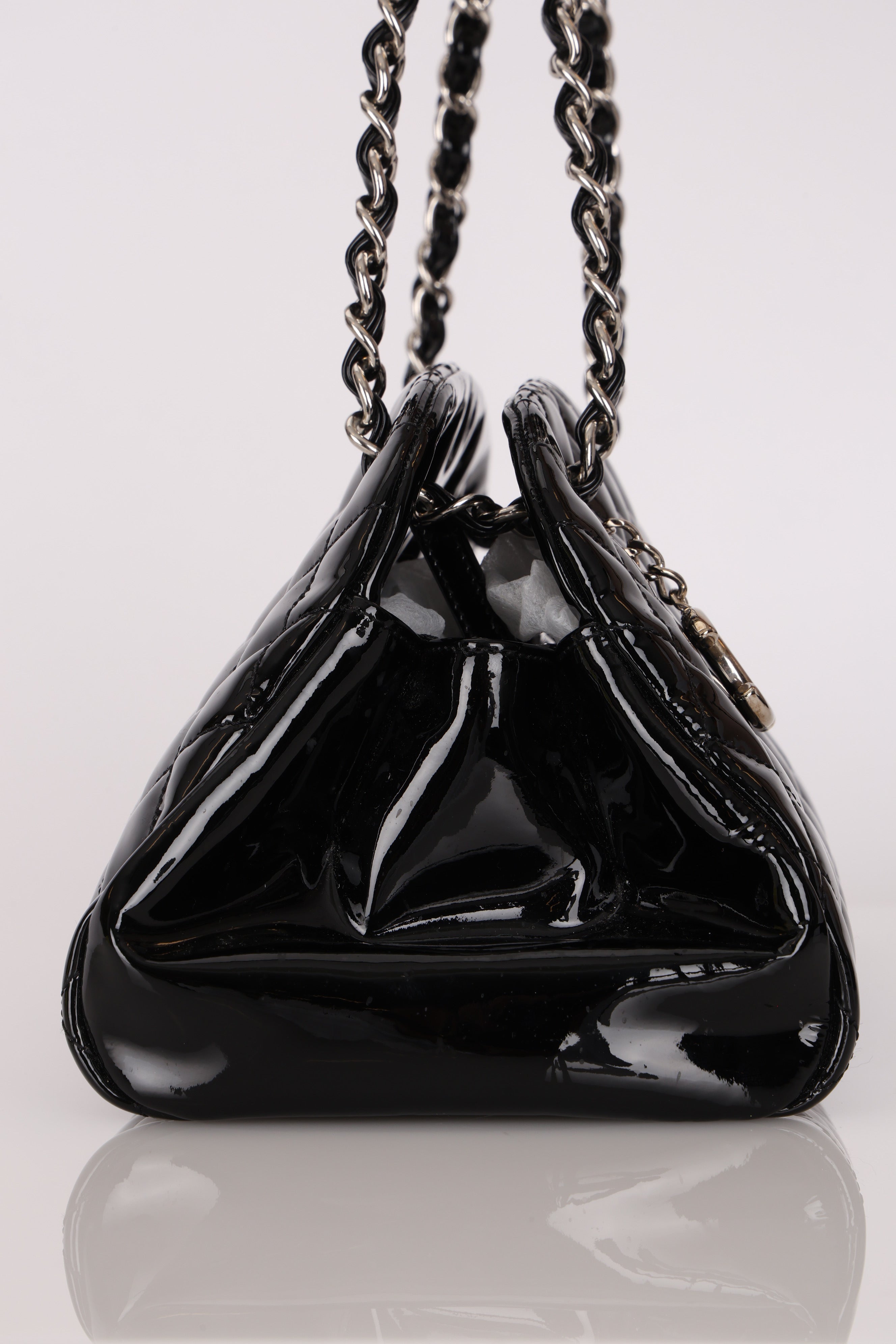 Chanel Medium Just Mademoiselle Bowling Bag Black Patent SHW