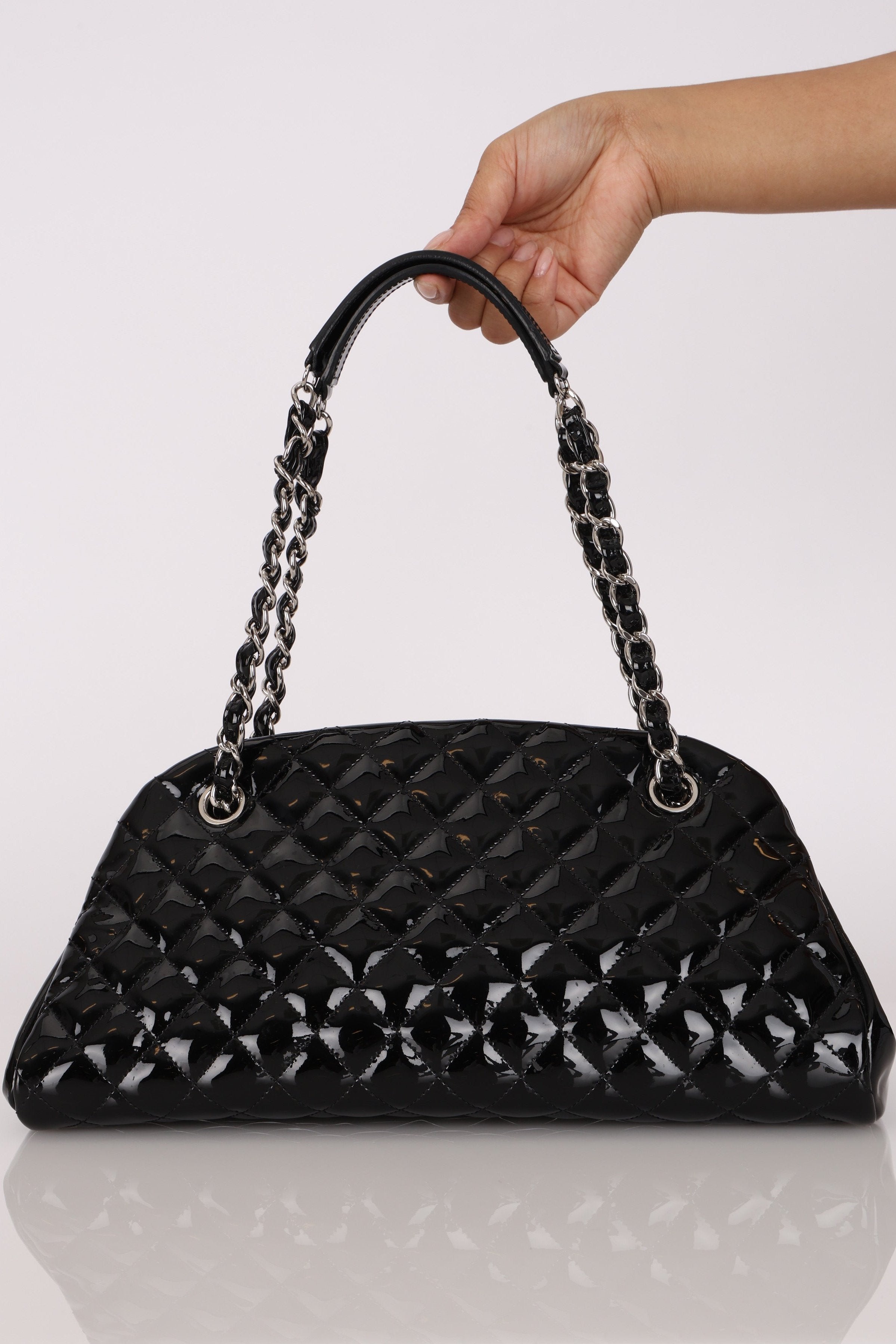 Chanel Medium Just Mademoiselle Bowling Bag Black Patent SHW