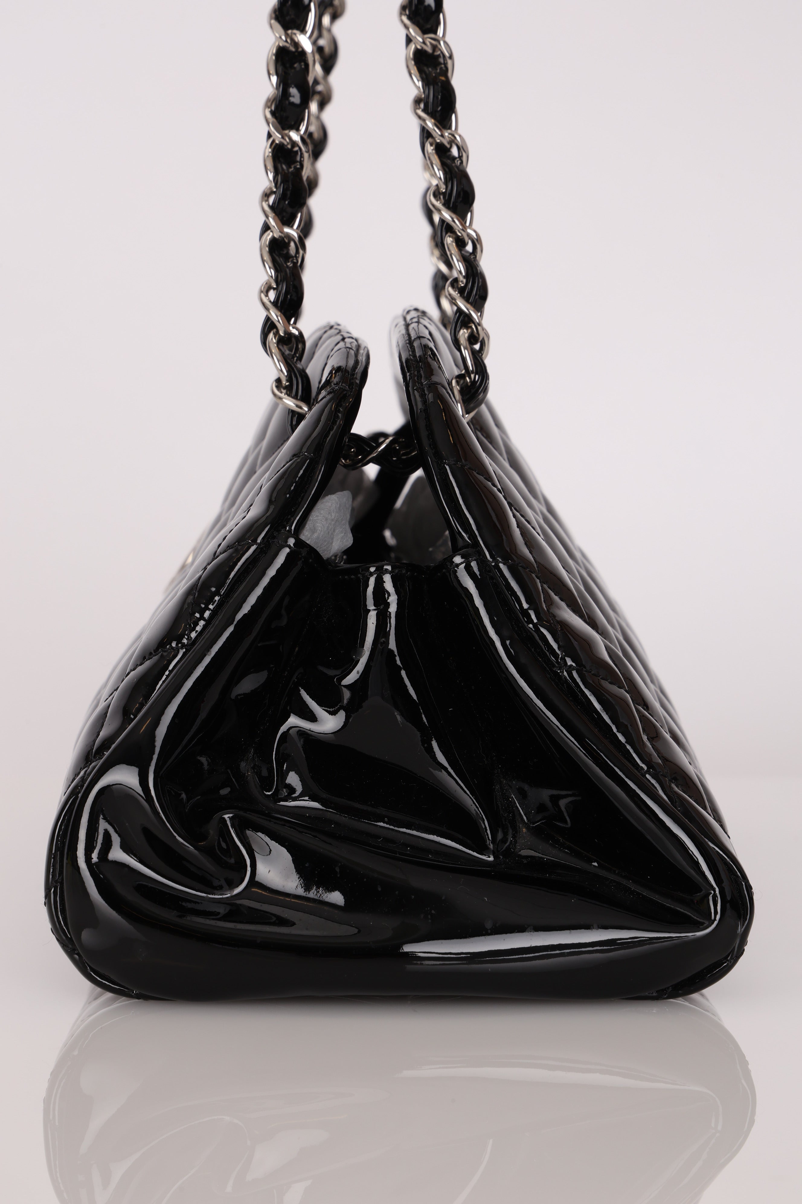 Chanel Medium Just Mademoiselle Bowling Bag Black Patent SHW