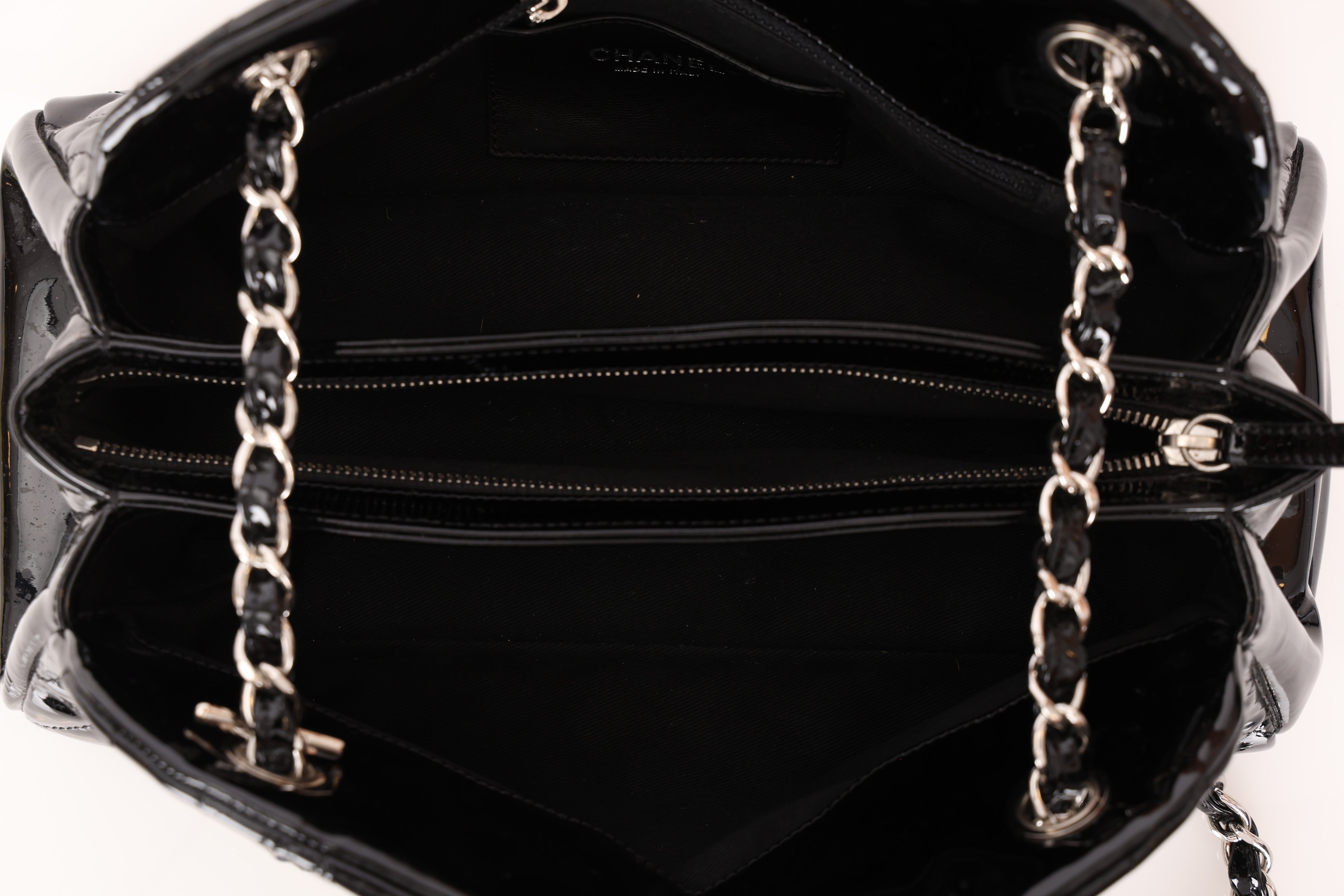 Chanel Medium Just Mademoiselle Bowling Bag Black Patent SHW