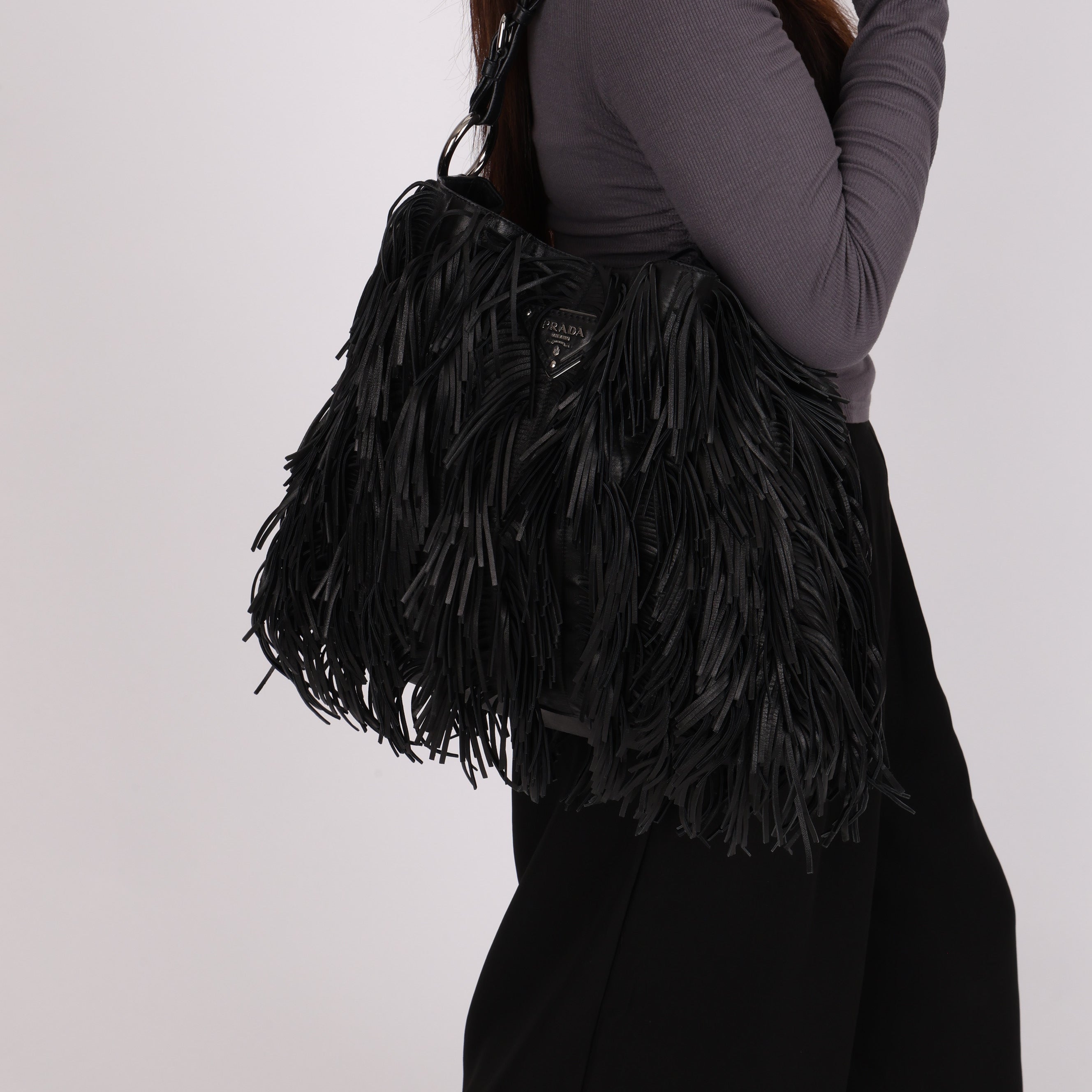 Prada Fringe Hobo Black Nappa