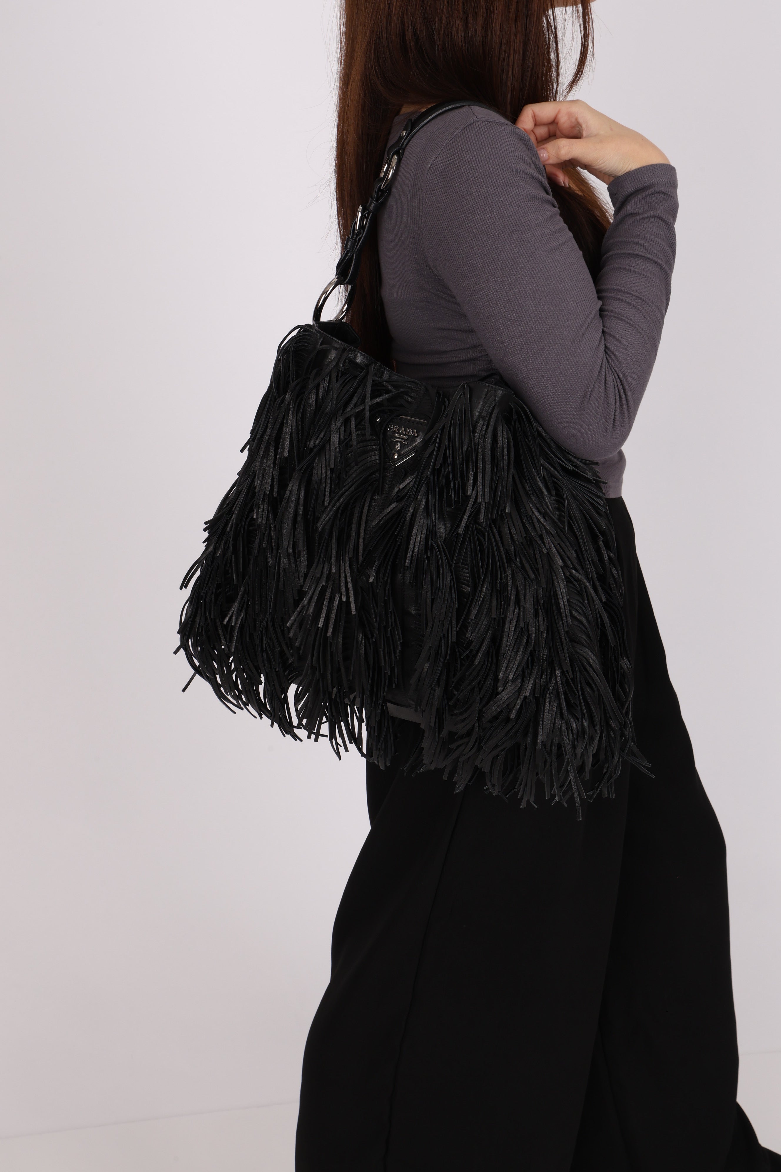 Prada Fringe Hobo Black Nappa