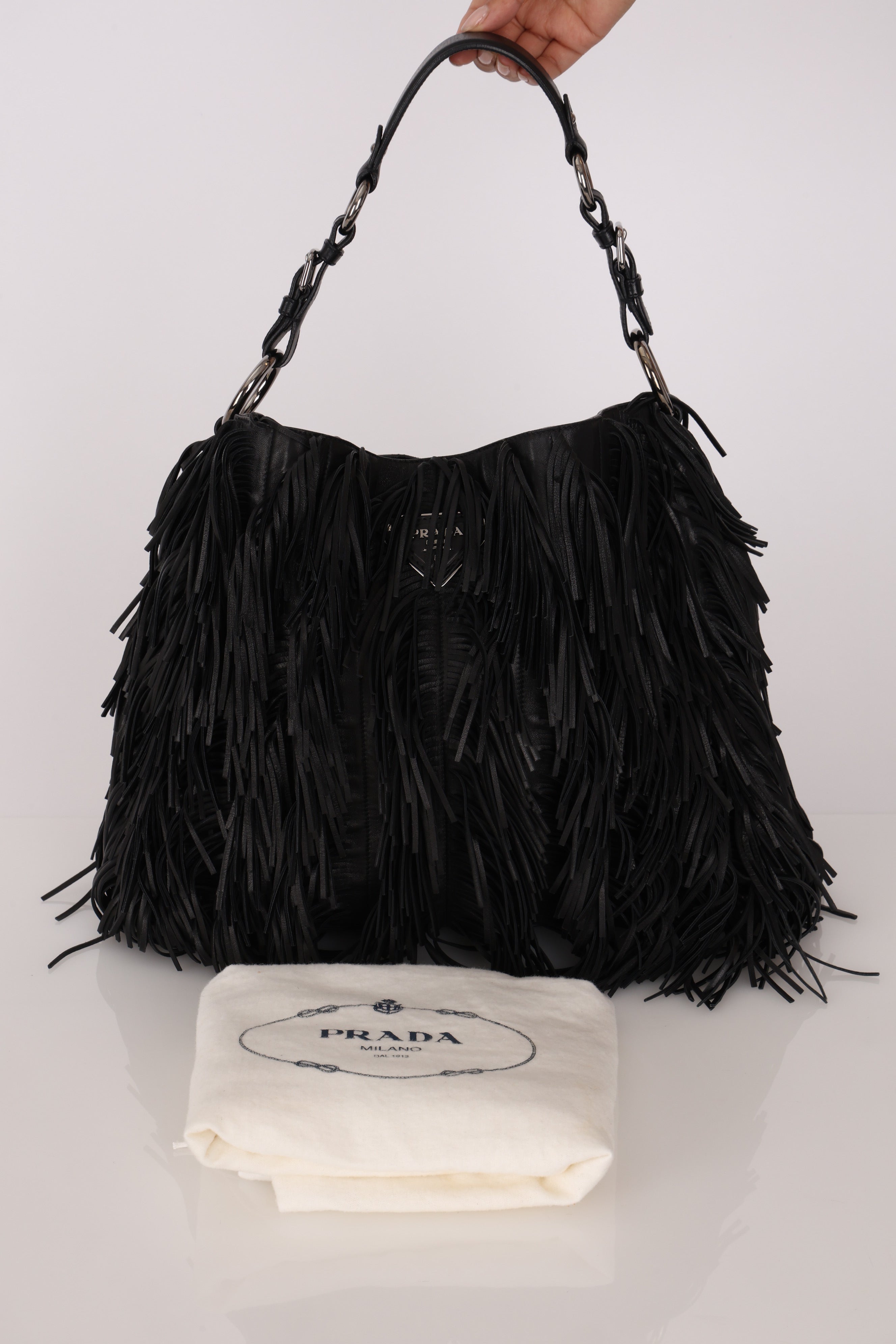 Prada Fringe Hobo Black Nappa