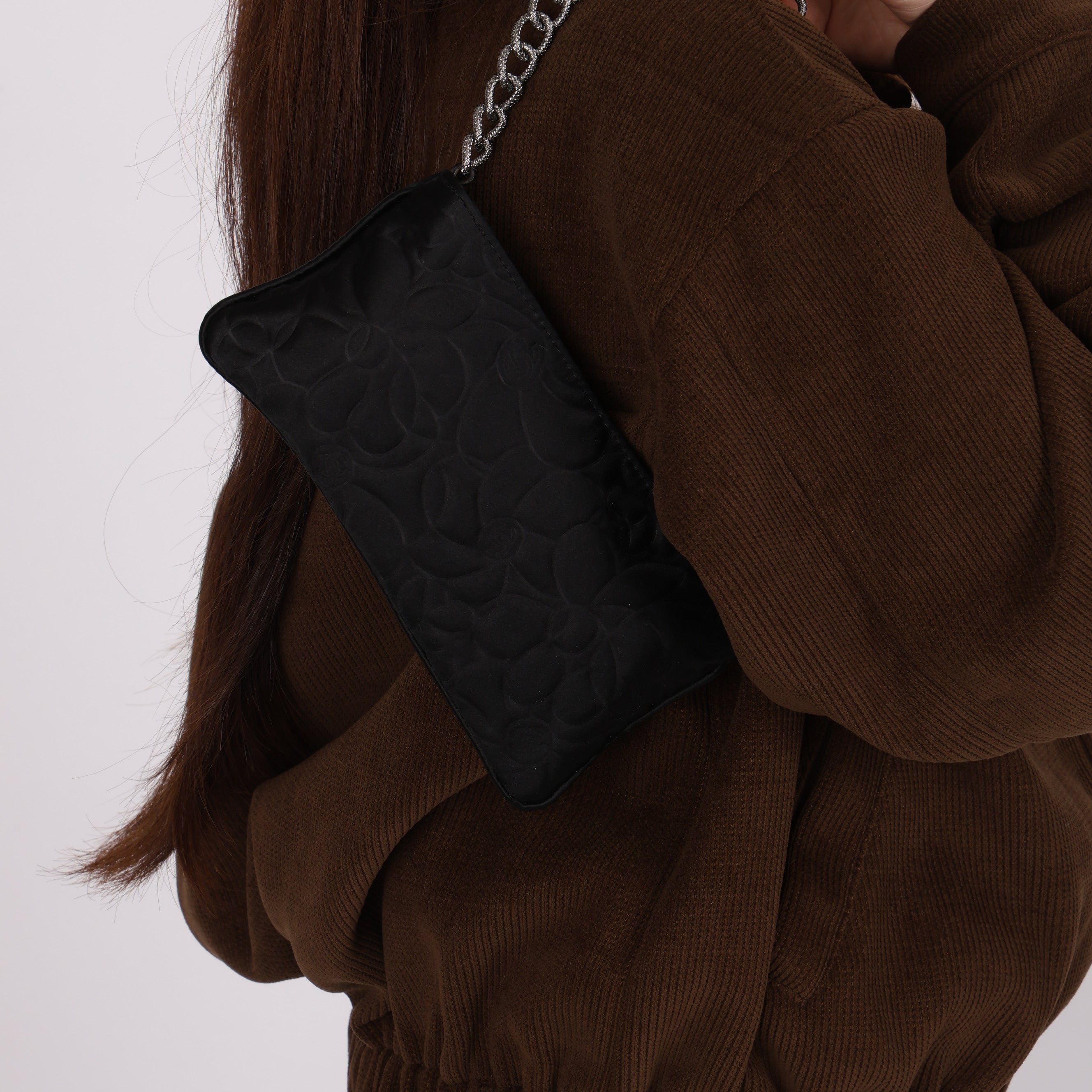 Chanel Camellia Pochette Black Satin SHW