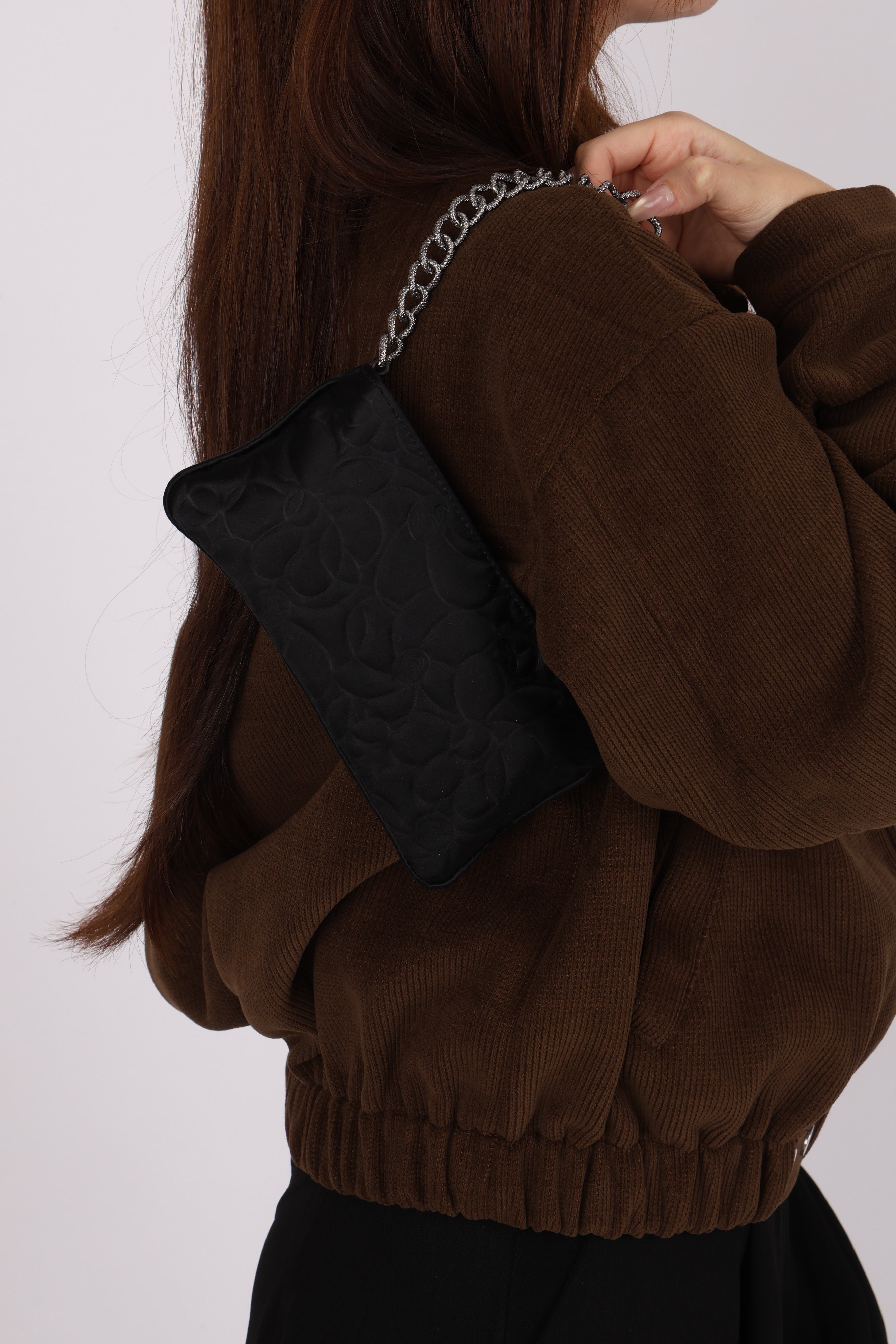 Chanel Camellia Pochette Black Satin SHW