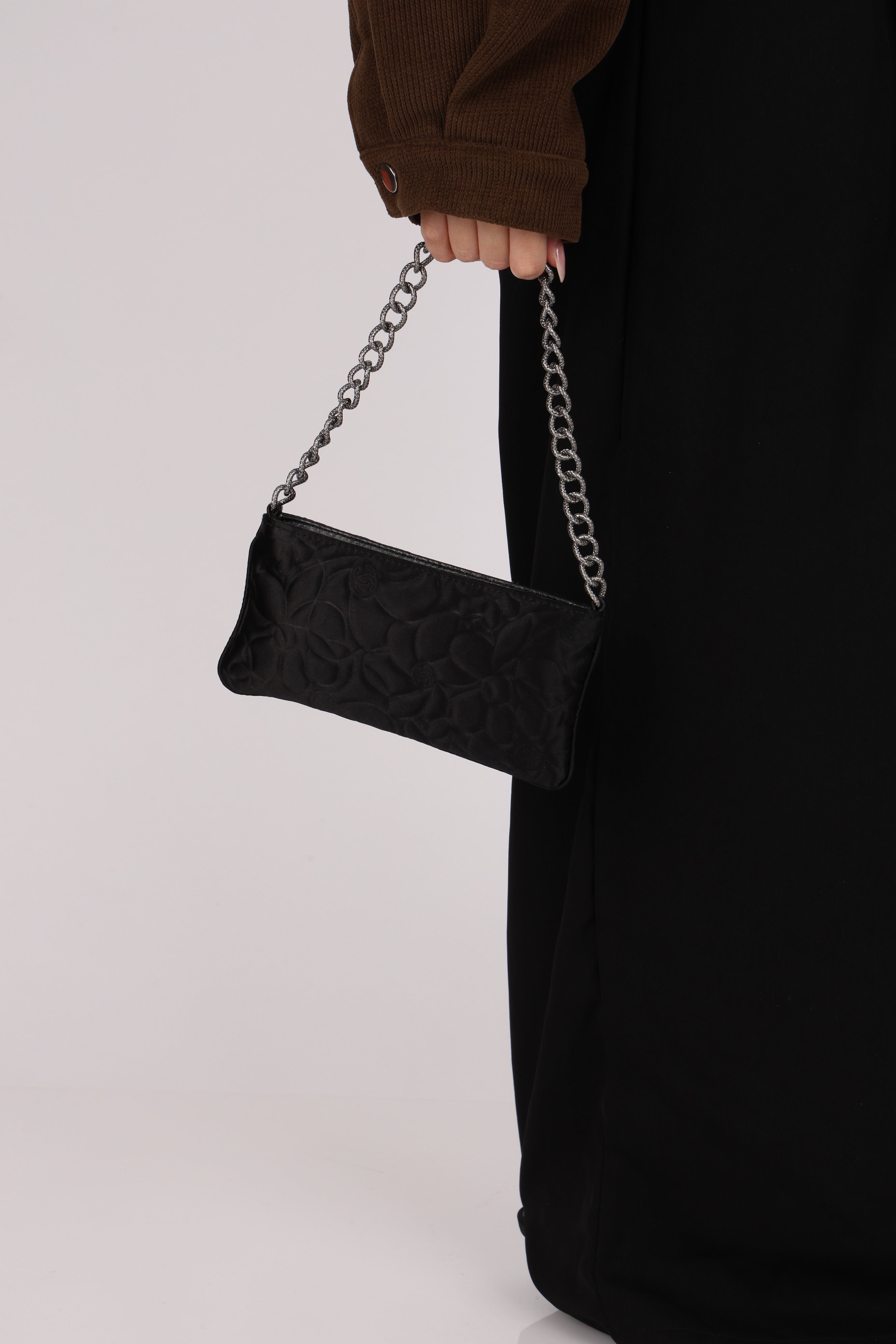 Chanel Camellia Pochette Black Satin SHW