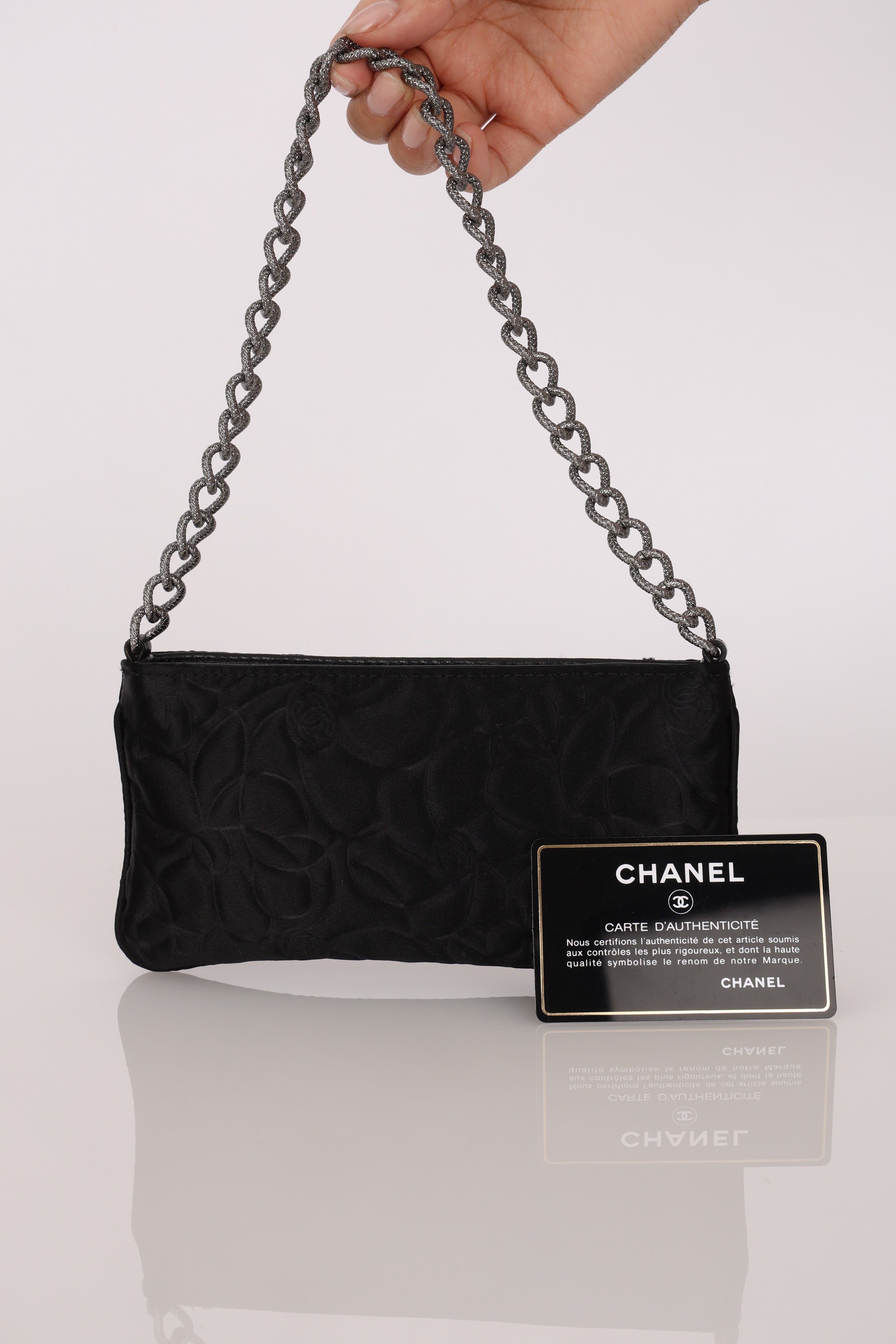 Chanel Camellia Pochette Black Satin SHW