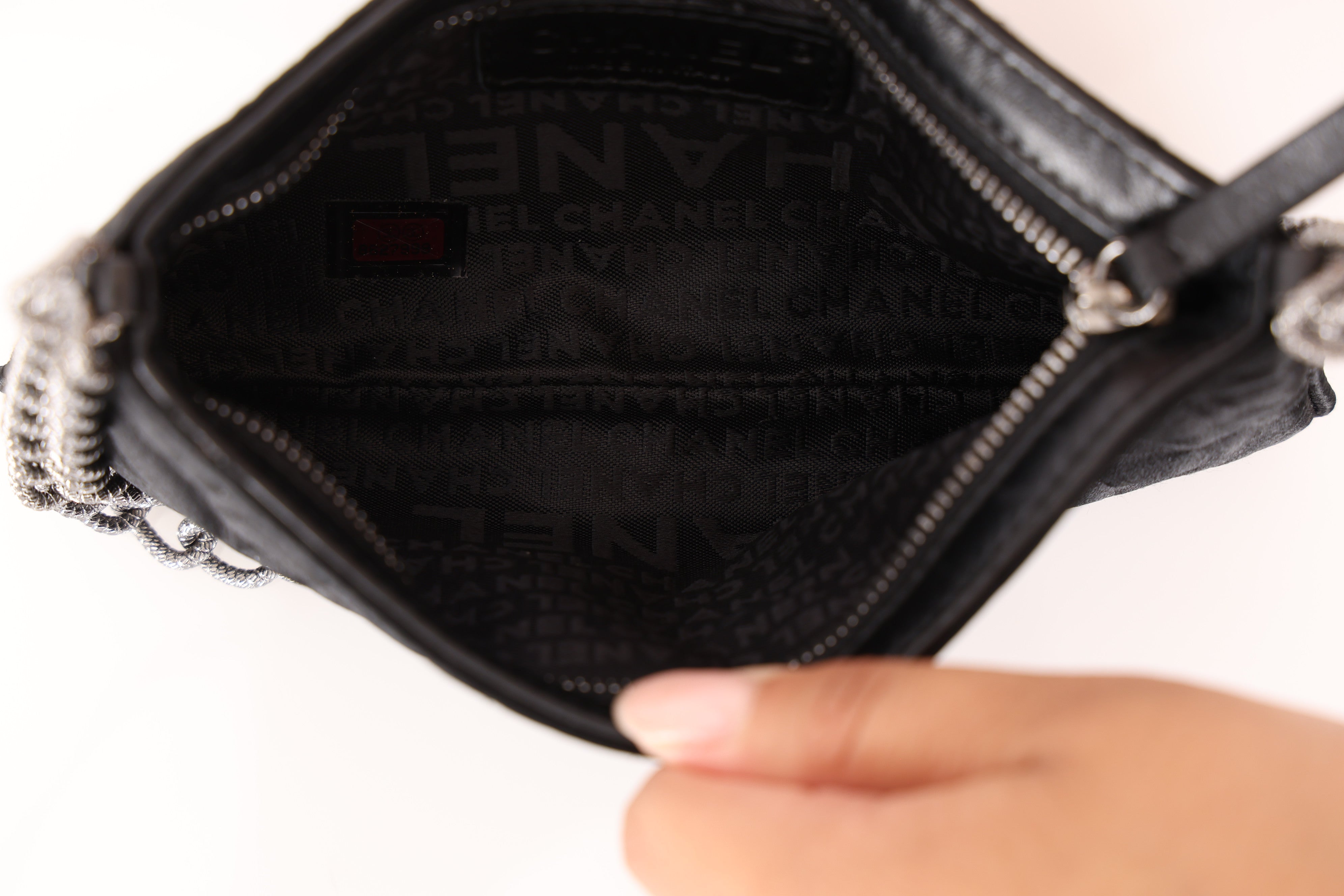 Chanel Camellia Pochette Black Satin SHW