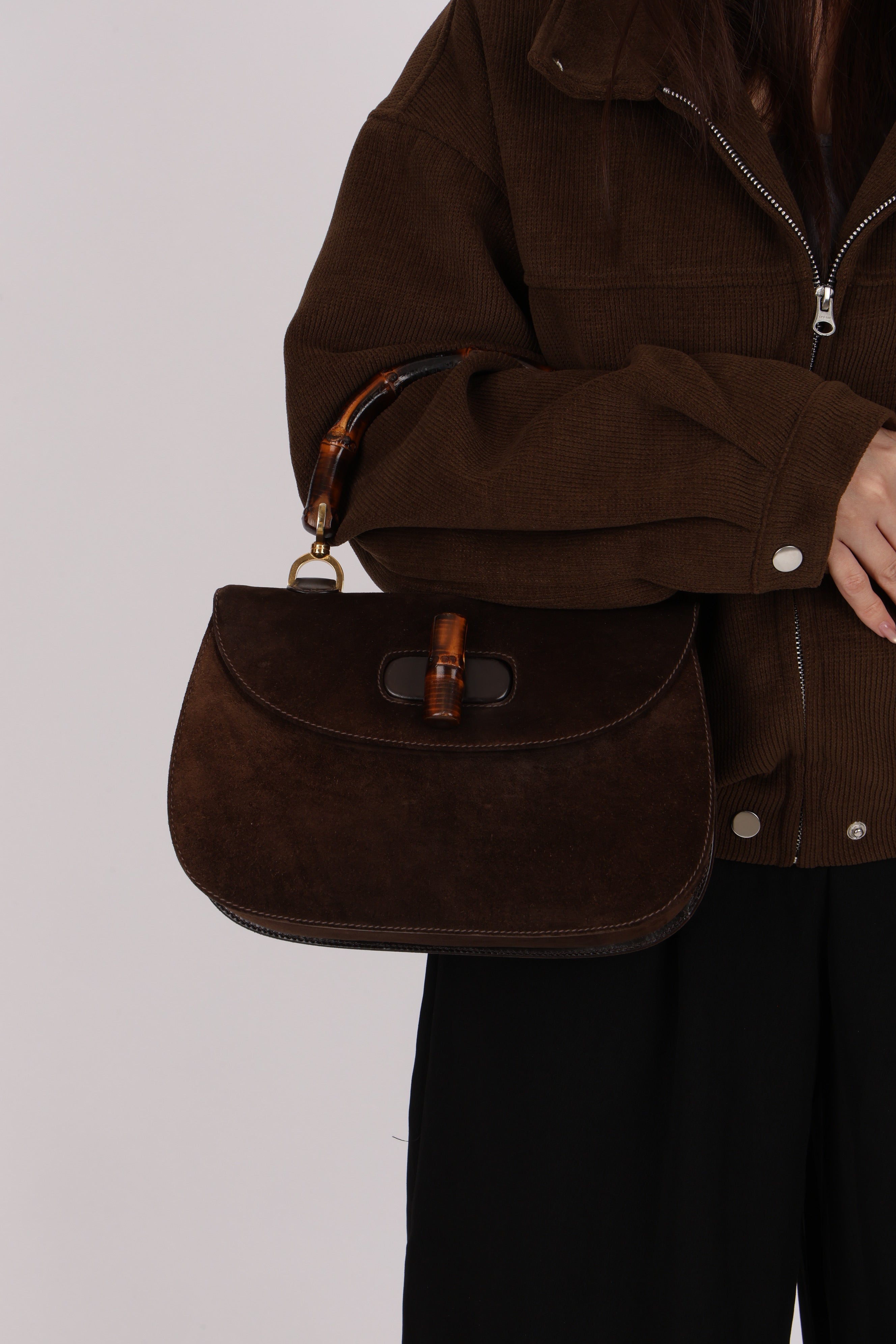 Gucci Medium Bamboo Top Handle 1947 Bag Brown Suede