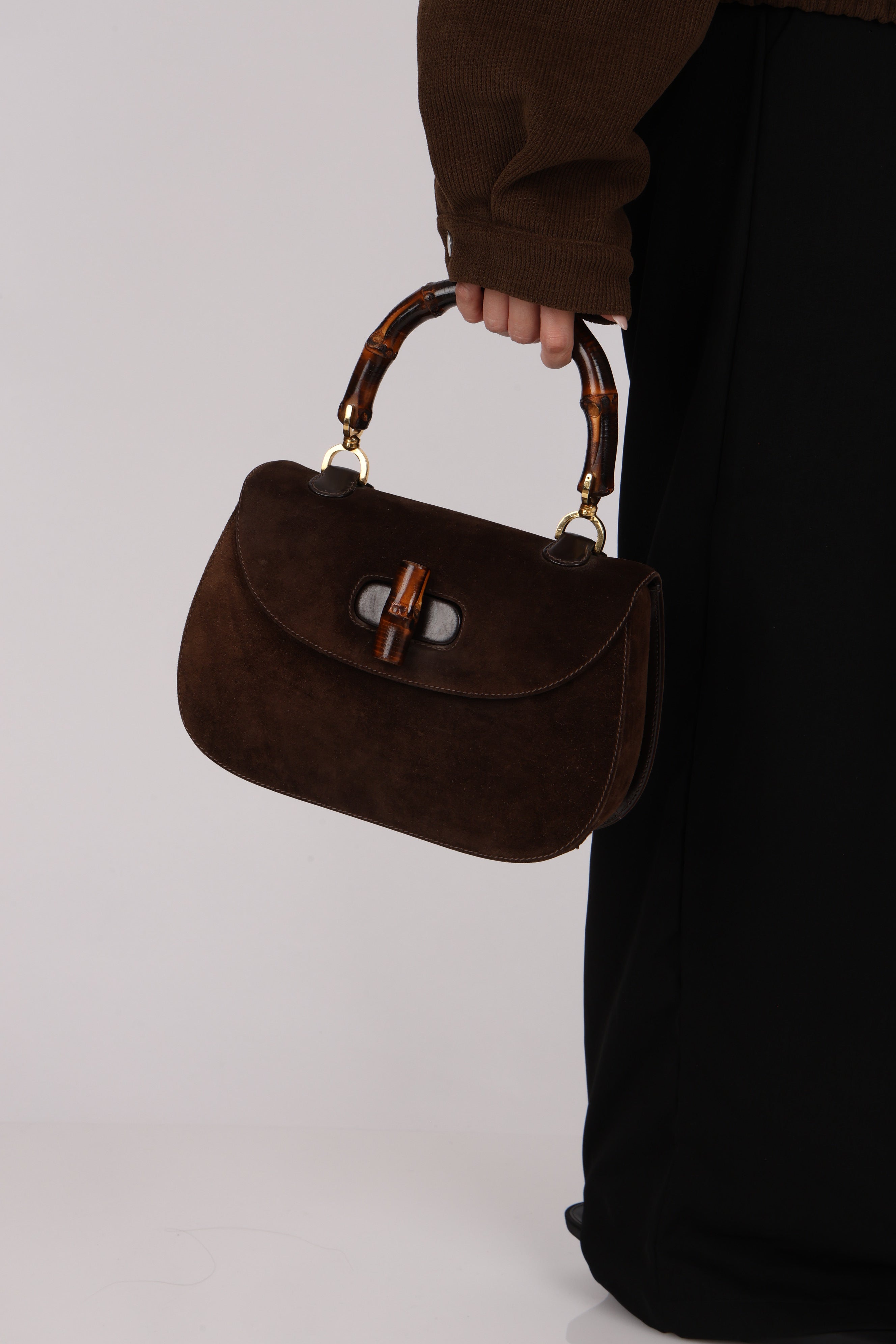 Gucci Medium Bamboo Top Handle 1947 Bag Brown Suede