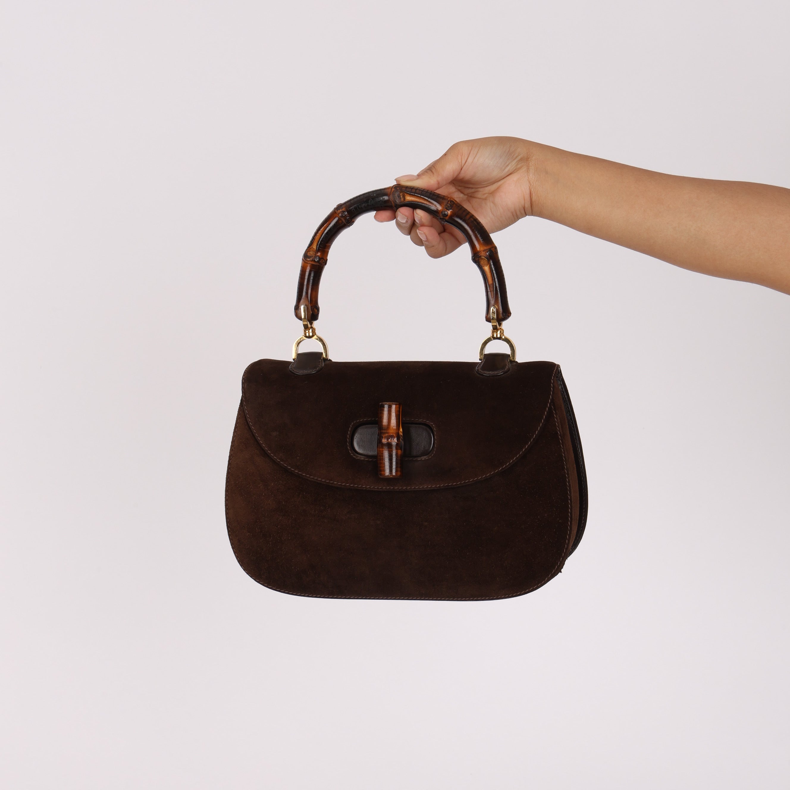 Gucci Medium Bamboo Top Handle 1947 Bag Brown Suede