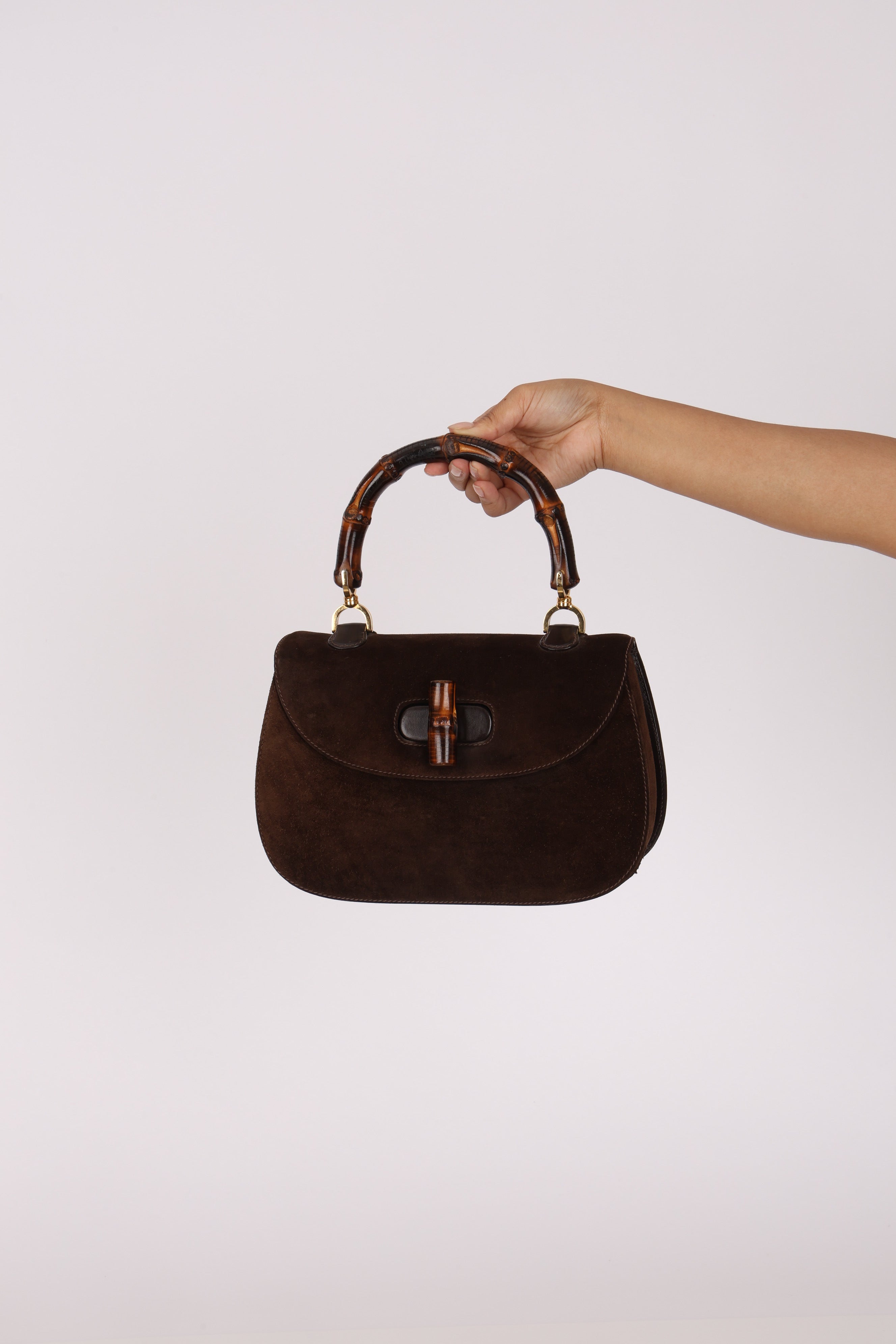 Gucci Medium Bamboo Top Handle 1947 Bag Brown Suede