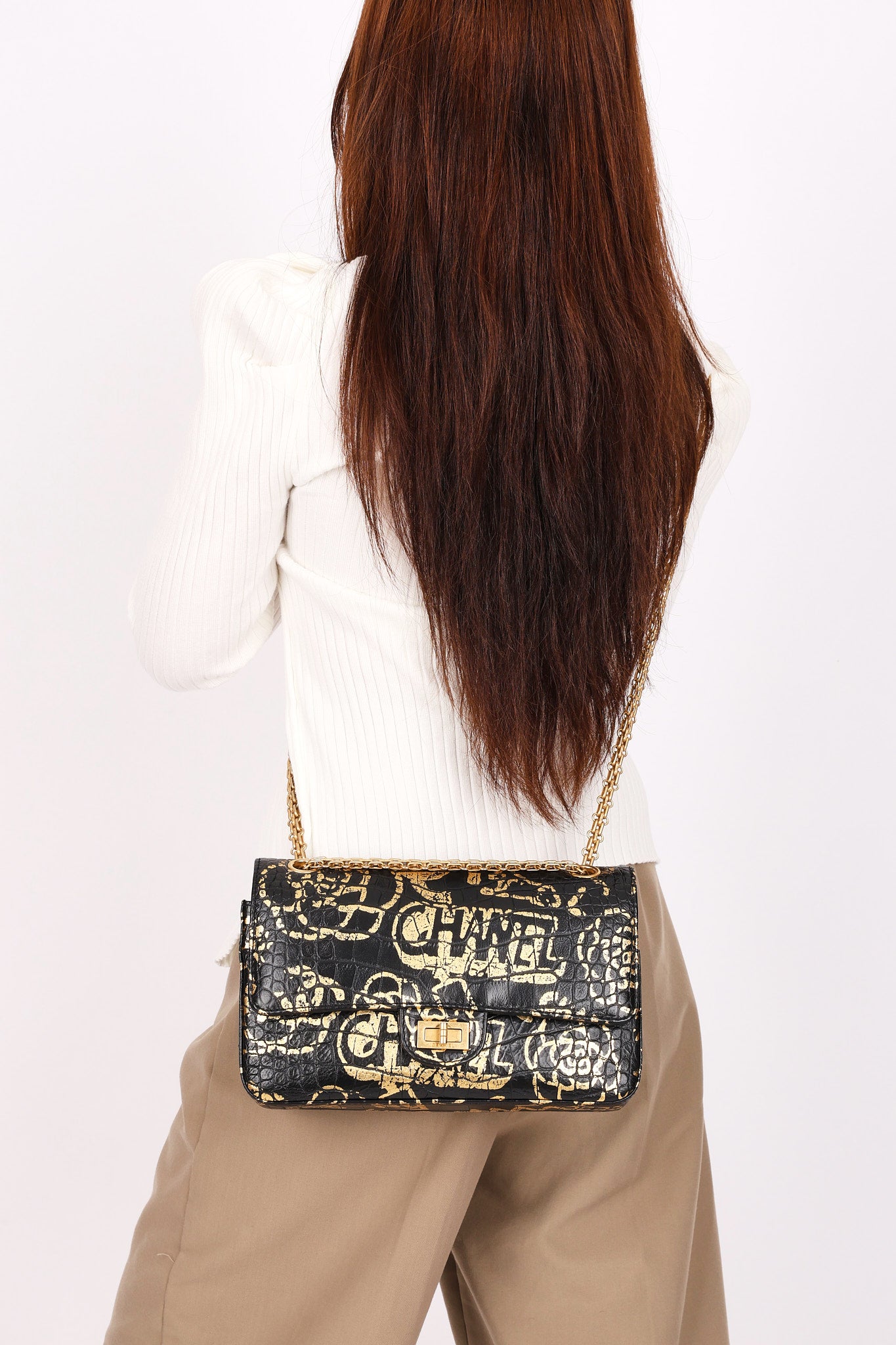 Chanel 2.55 Reissue Double Flap Black Croc Embossed Graffiti Print AGHW