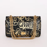 Chanel 2.55 Reissue Double Flap Black Croc Embossed Graffiti Print AGHW