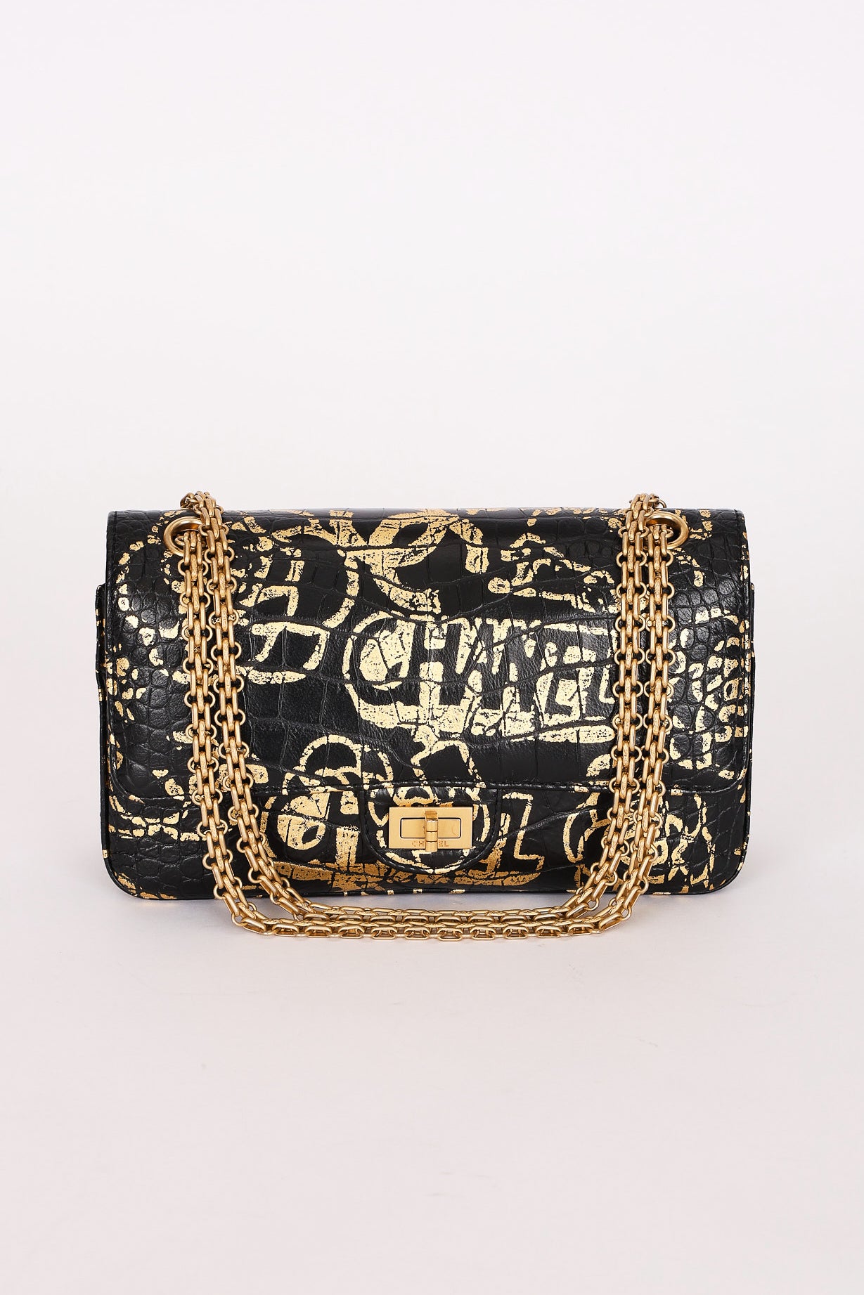 Chanel 2.55 Reissue Double Flap Black Croc Embossed Graffiti Print AGHW