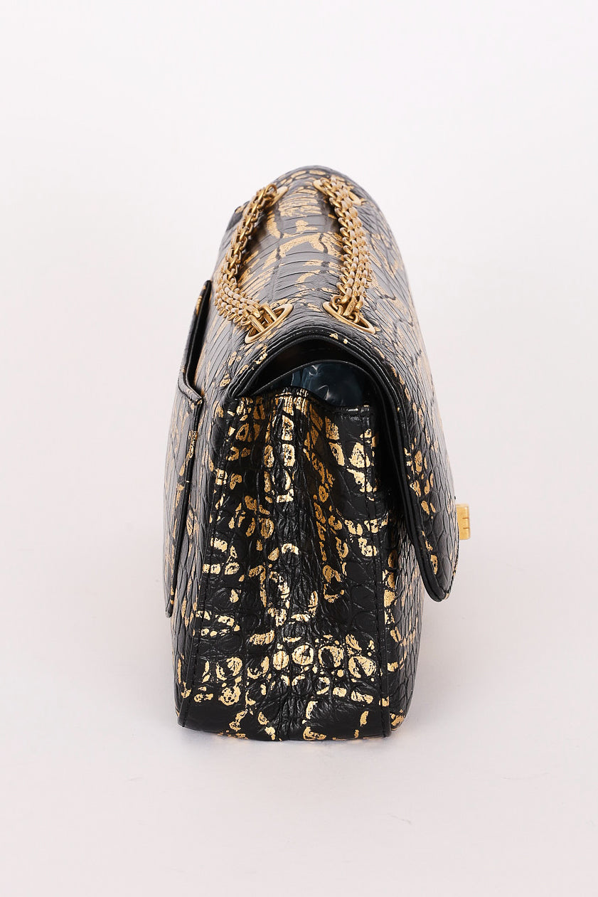 Chanel 2.55 Reissue Double Flap Black Croc Embossed Graffiti Print AGHW