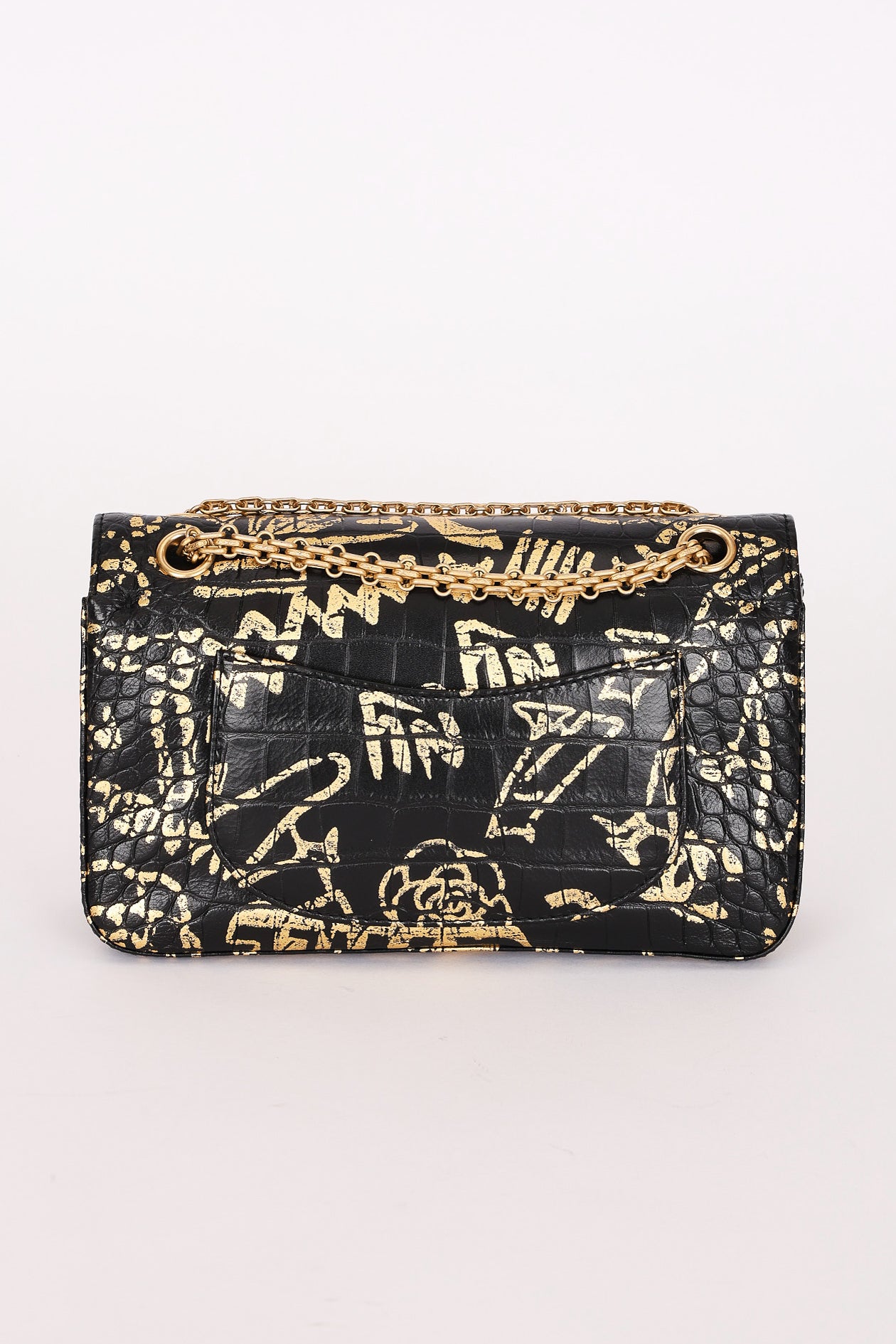 Chanel 2.55 Reissue Double Flap Black Croc Embossed Graffiti Print AGHW