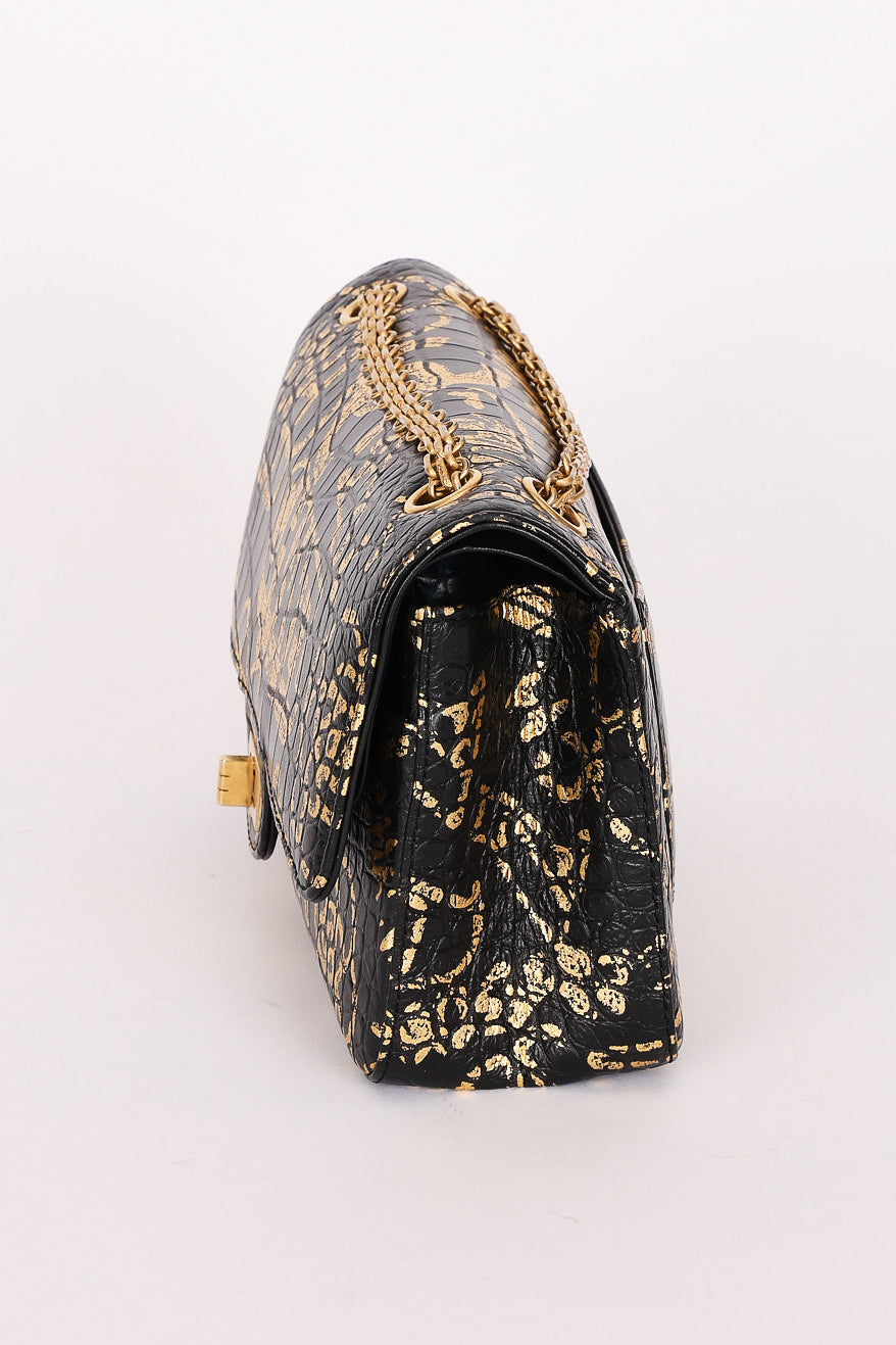 Chanel 2.55 Reissue Double Flap Black Croc Embossed Graffiti Print AGHW