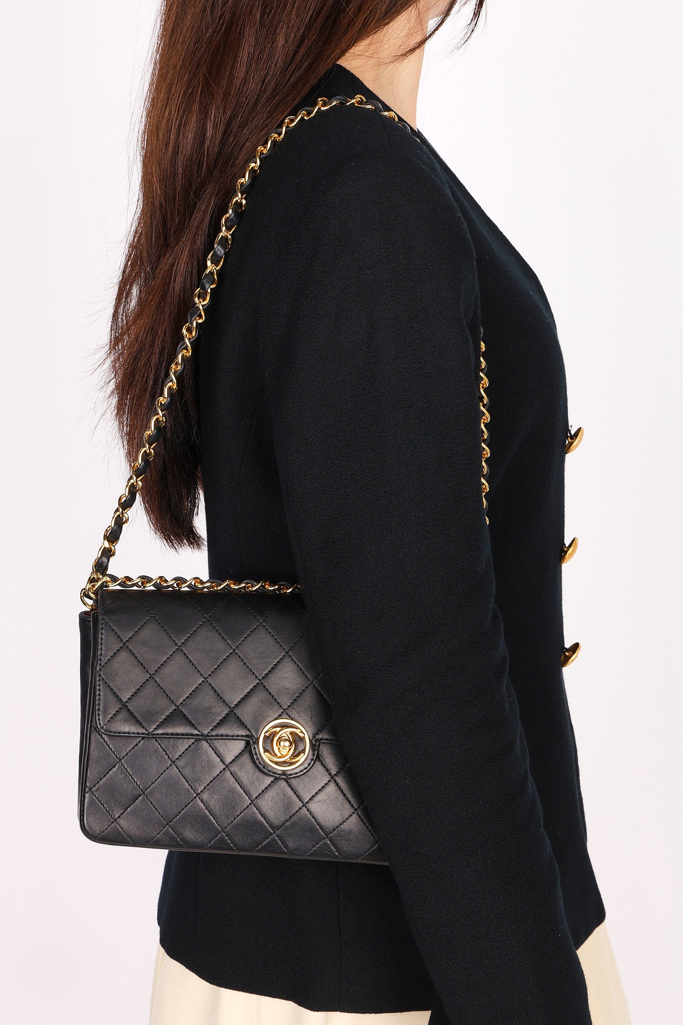 Chanel Single Flap Black Lambskin 24K GP