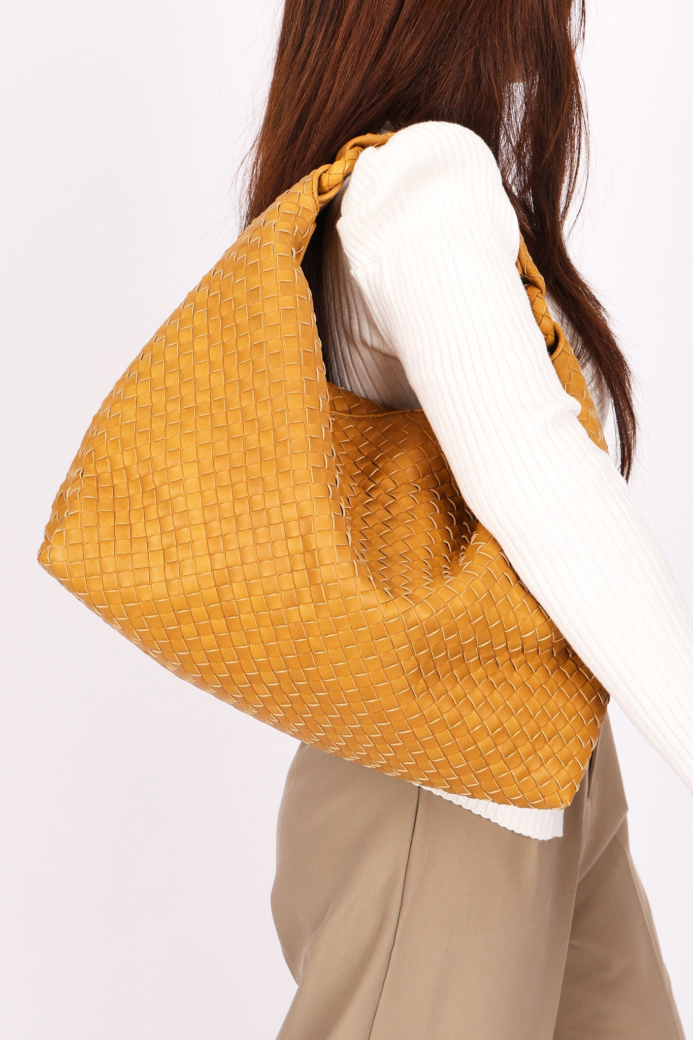 Bottega Veneta Intrecciato Hop Shoulder Bag Mustard Yellow
