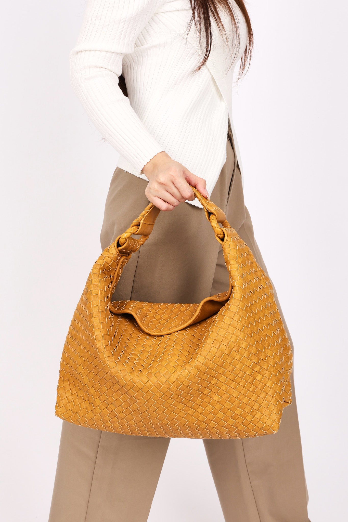 Bottega Veneta Intrecciato Hop Shoulder Bag Mustard Yellow