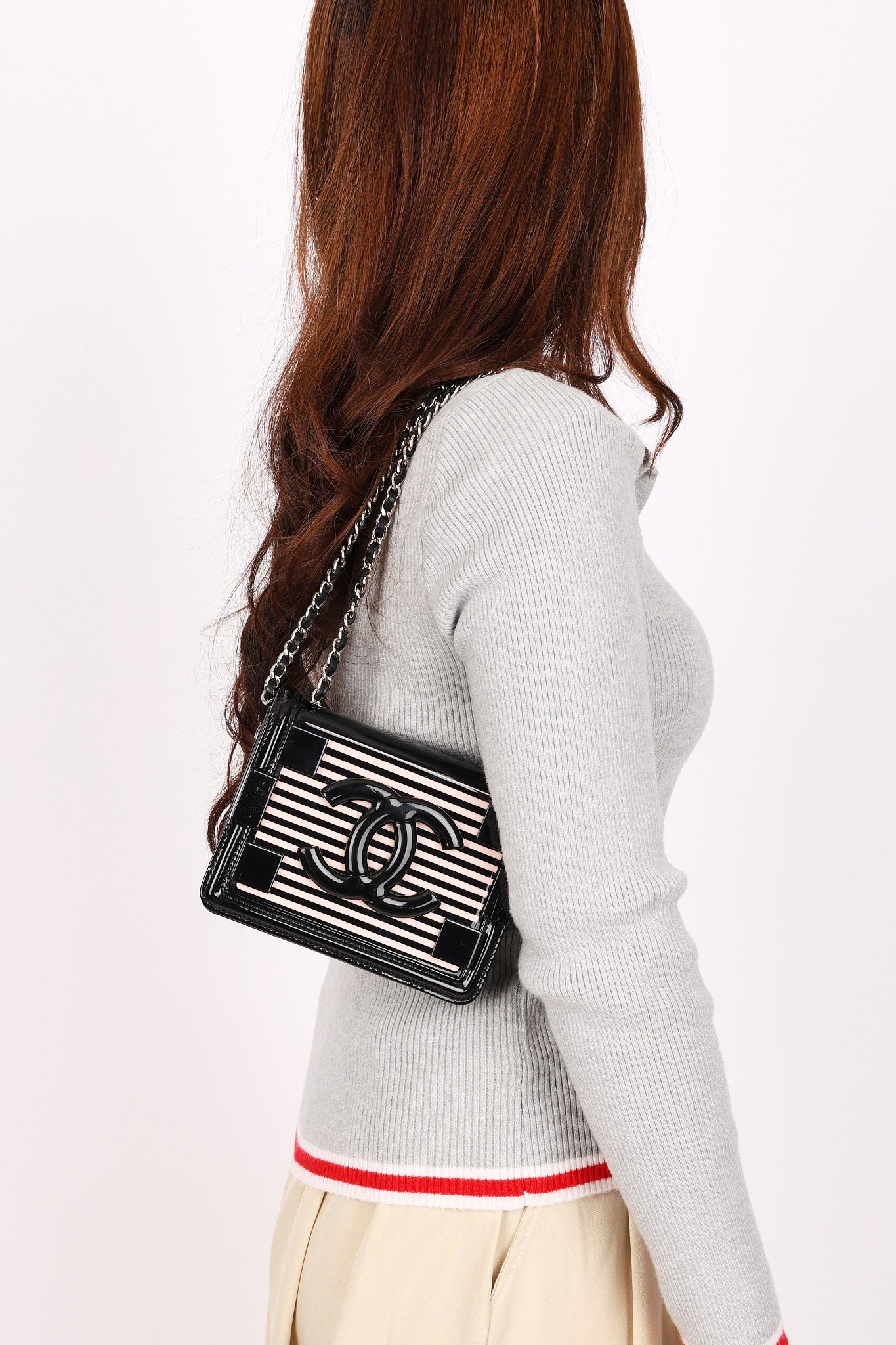 Chanel Plexi Striped Boy Brick Mini Flap Black Patent and Lambskin SHW