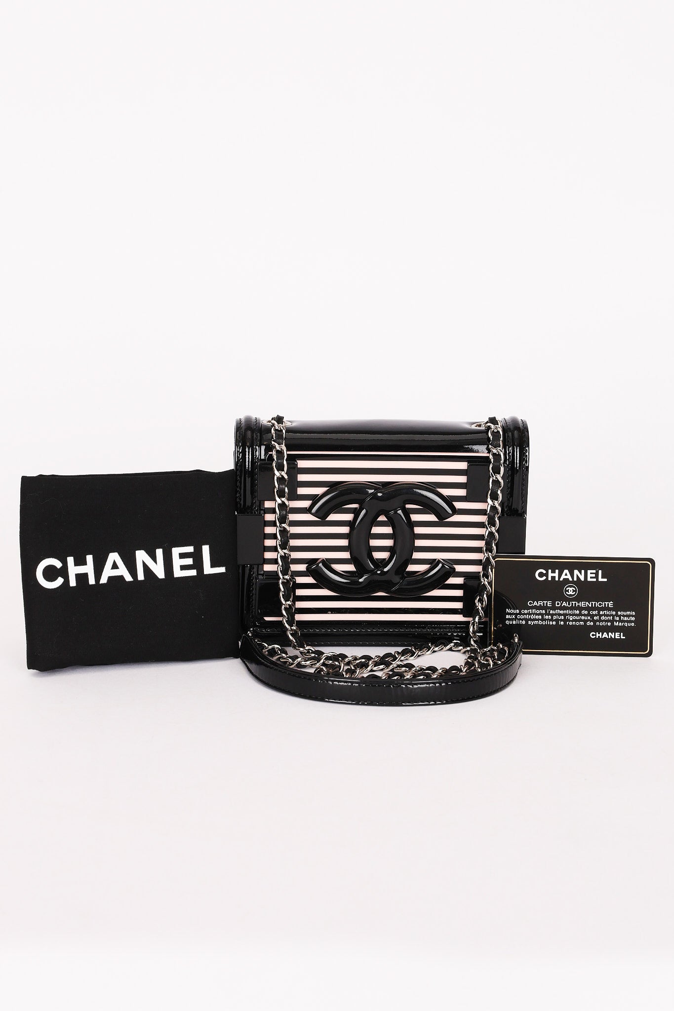 Chanel Plexi Striped Boy Brick Mini Flap Black Patent and Lambskin SHW