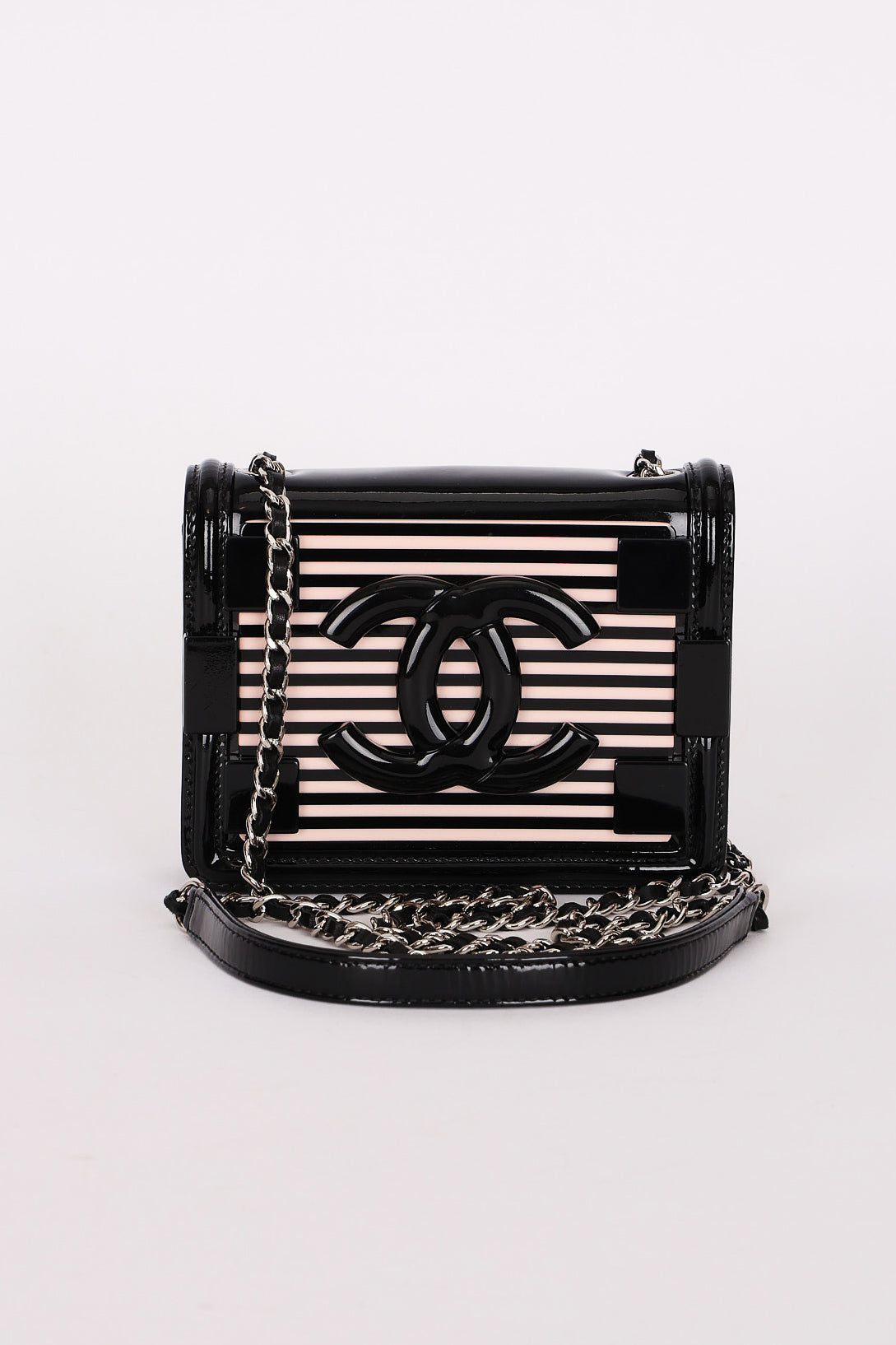 Chanel Plexi Striped Boy Brick Mini Flap Black Patent and Lambskin SHW