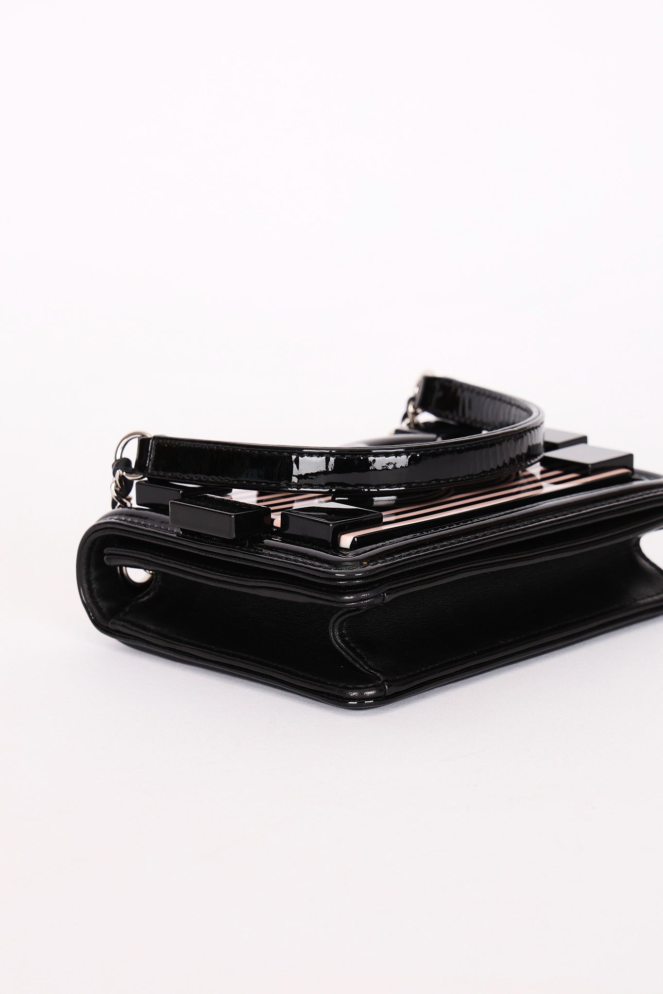 Chanel Plexi Striped Boy Brick Mini Flap Black Patent and Lambskin SHW