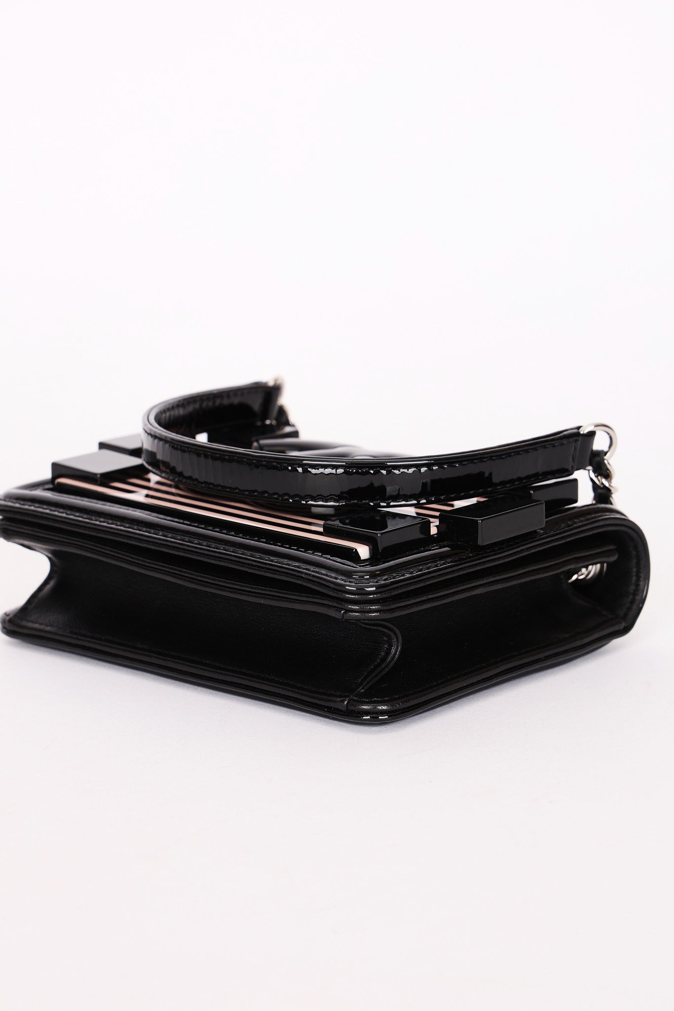 Chanel Plexi Striped Boy Brick Mini Flap Black Patent and Lambskin SHW