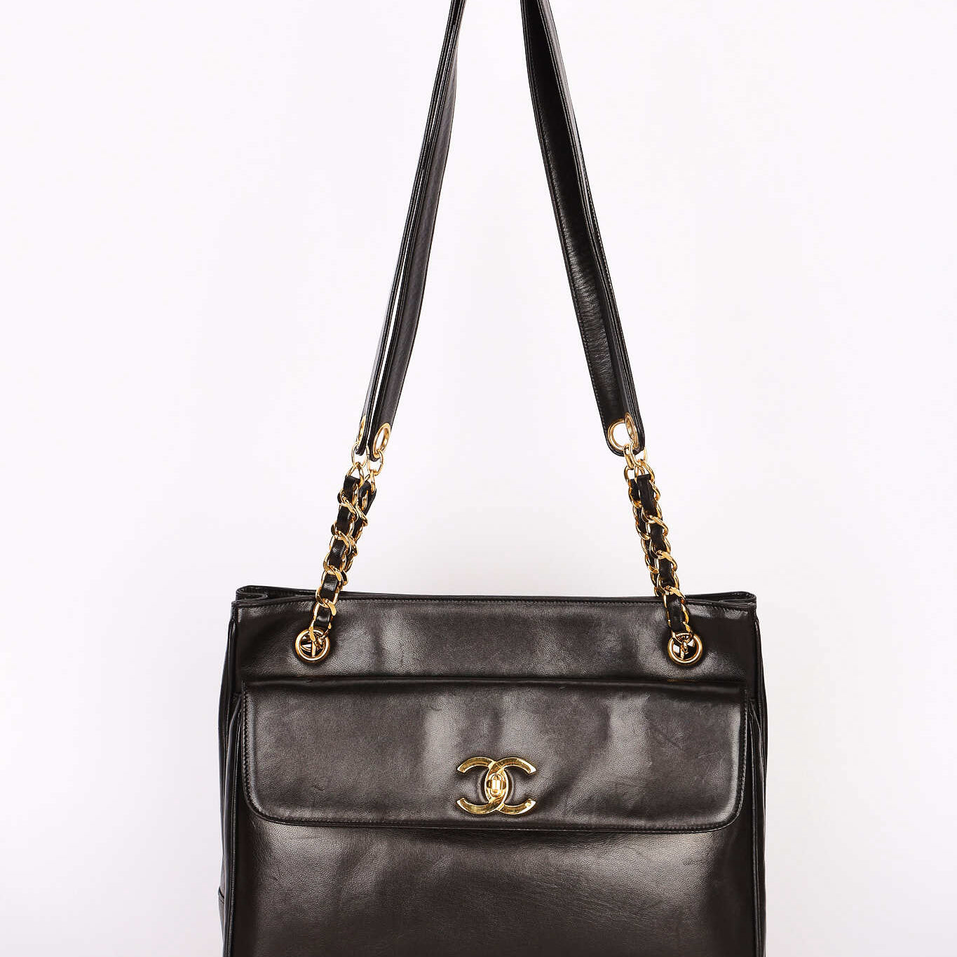 Chanel Turnlock Front Pocket Shoulder Bag Black Lambskin 24K GP