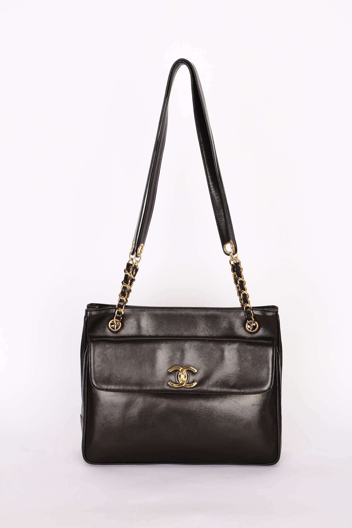 Chanel Turnlock Front Pocket Shoulder Bag Black Lambskin 24K GP